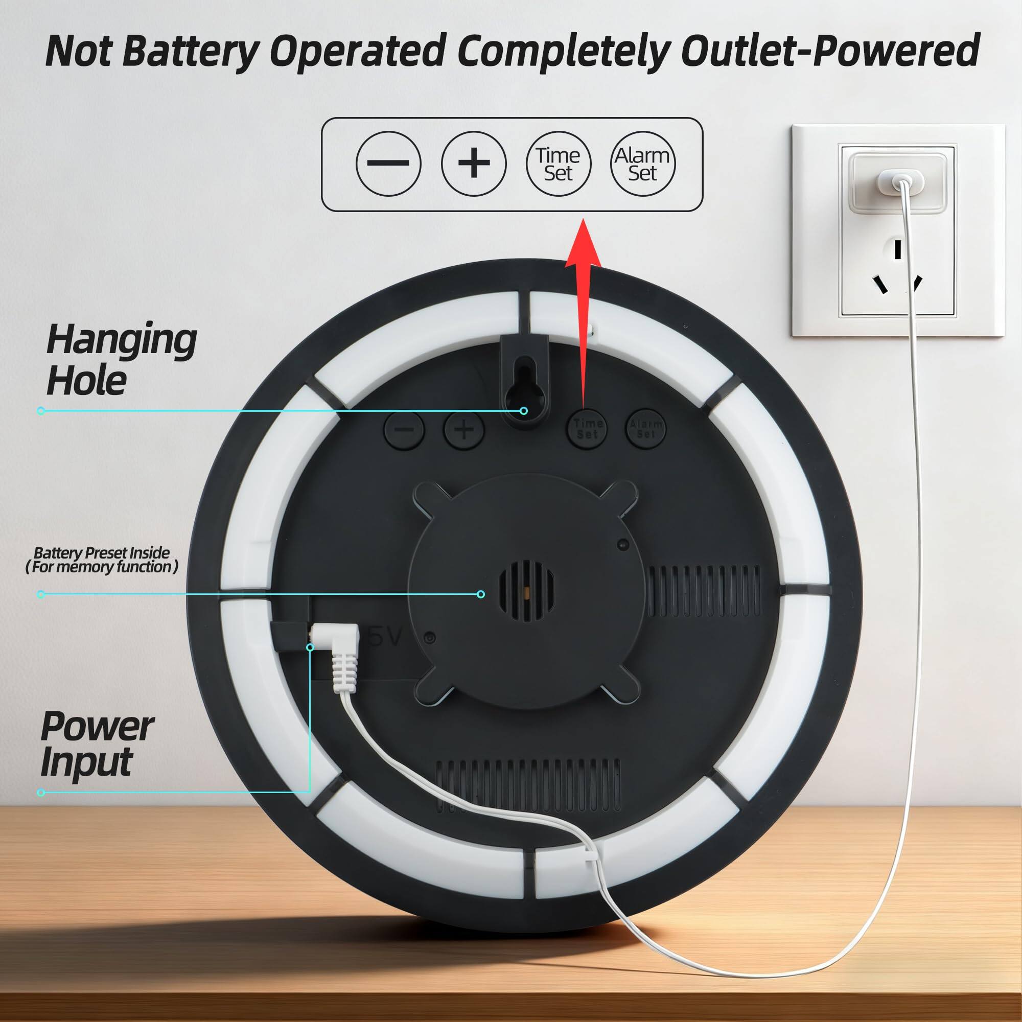 - Not Battery Operated Completely Outlet-Powered
- Hanging Hole
- Time Set
- Alarm Set
- Battery Preset Inside (For memory function)
- Power Input
- 5V