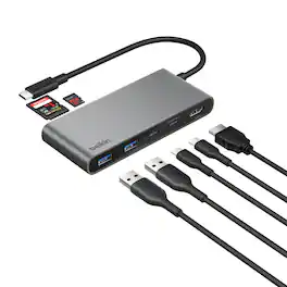 Belkin - 7-Port Hub w/ 4K HDMI Display @ 60Hz, 100W Power Delivery, Fast Data Transfer 5Gbps, USB-C Multiport Adapter - Space Gray