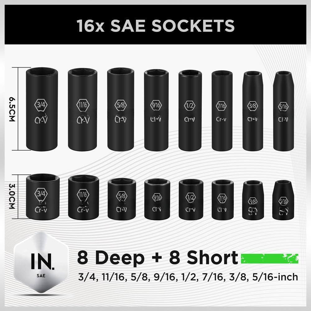 16x SAE SOCKETS

6.5CM 3/4 CAV 11/16 CV 5/8 - 9/16 1/2 CItV 7/16 Cr-v 3/8 CI-V 5/16 CI-V 3.0CM 3/4 Cr-v 11/16 Cr-v 5/8 CI-V 910 CTV 1/2 CrV 7/16 C 3B 5/16 IN. SAE 8 Deep + 8 Short 3/4, 11/16, 5/8, 9/16, 1/2, 7/16, 3/8, 5/16-inch

8 Deep + 8 Short
3/4, 11/16, 5/8, 9/16, 1/2, 7/16, 3/8, 5/16-inch
