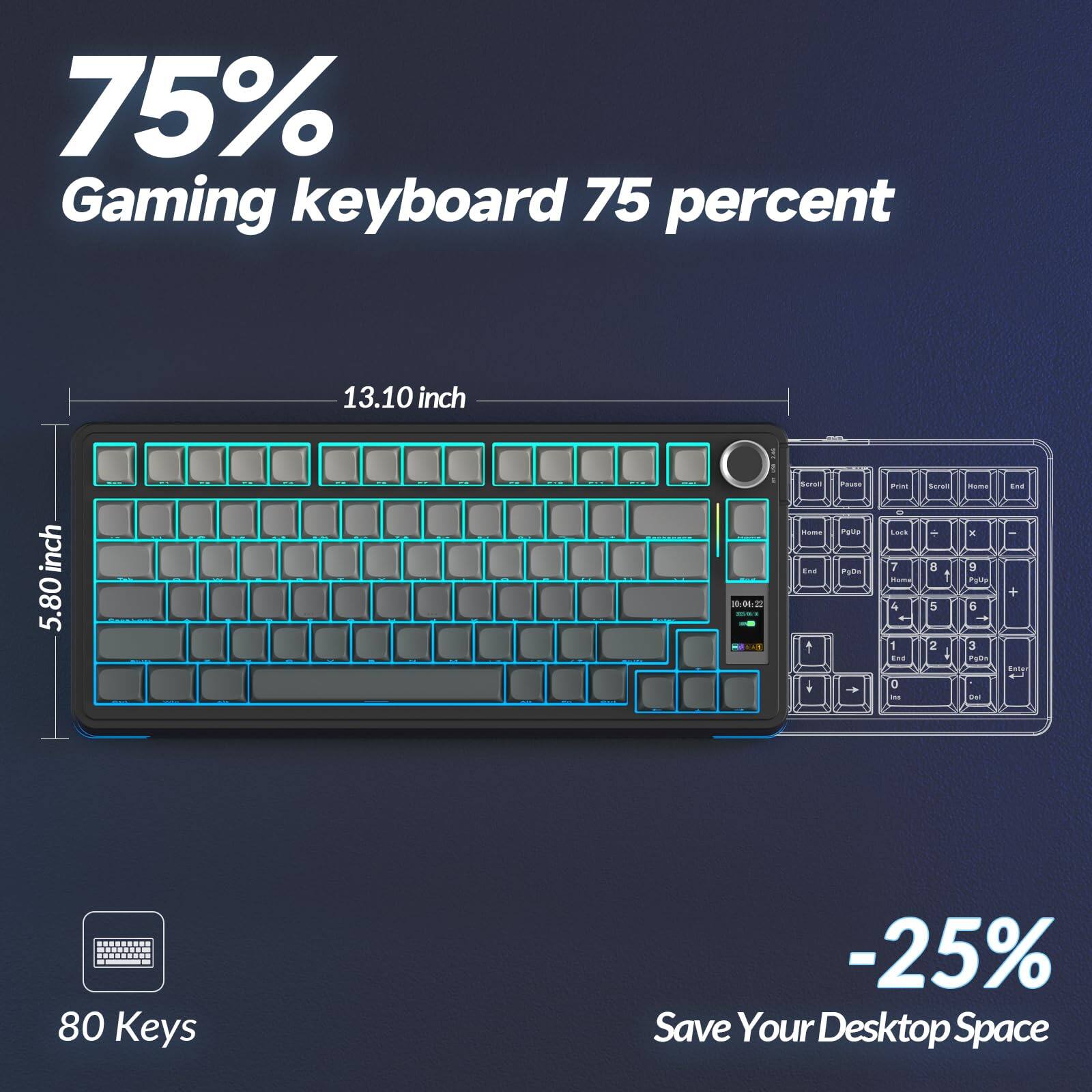 75% Gaming keyboard 75 percent

13.10 inch

5.80 inch

80 Keys

-25% Save Your Desktop Space