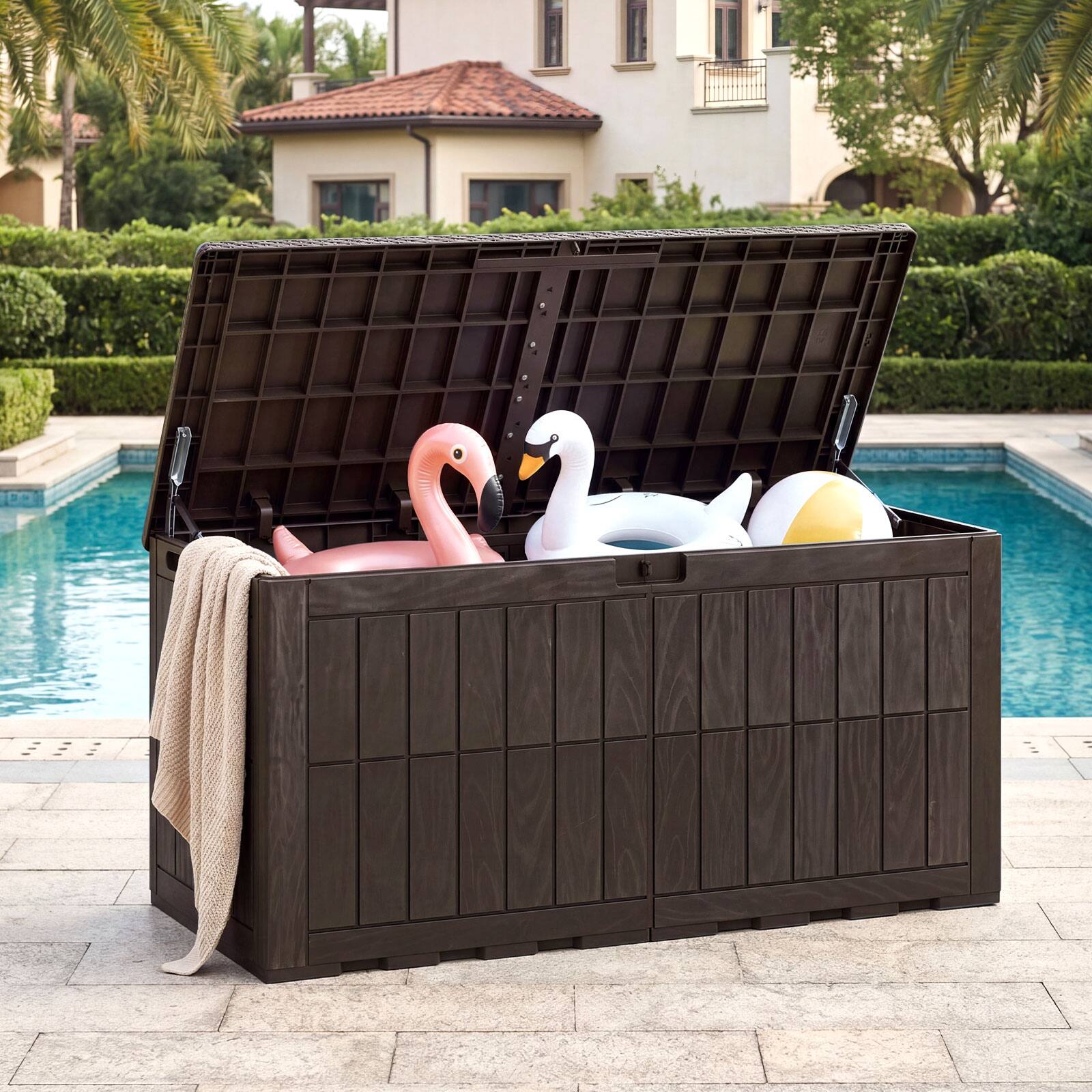 Alt View 4. Gymax - Gymax 120 Gal Outdoor Deck Box All-Weather Lockable Storage Bin w/ Lid & Handles Dark Brown - Brown.