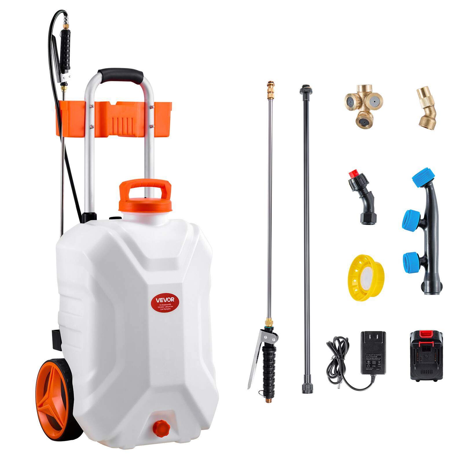 Front. VEVOR - Battery-Powered Sprayer with Wheeled Cart, 10 Gallons Electric Weed Sprayer, Adjustable 0-80 PSI, Yard Lawn Sprayers - White + Orange.