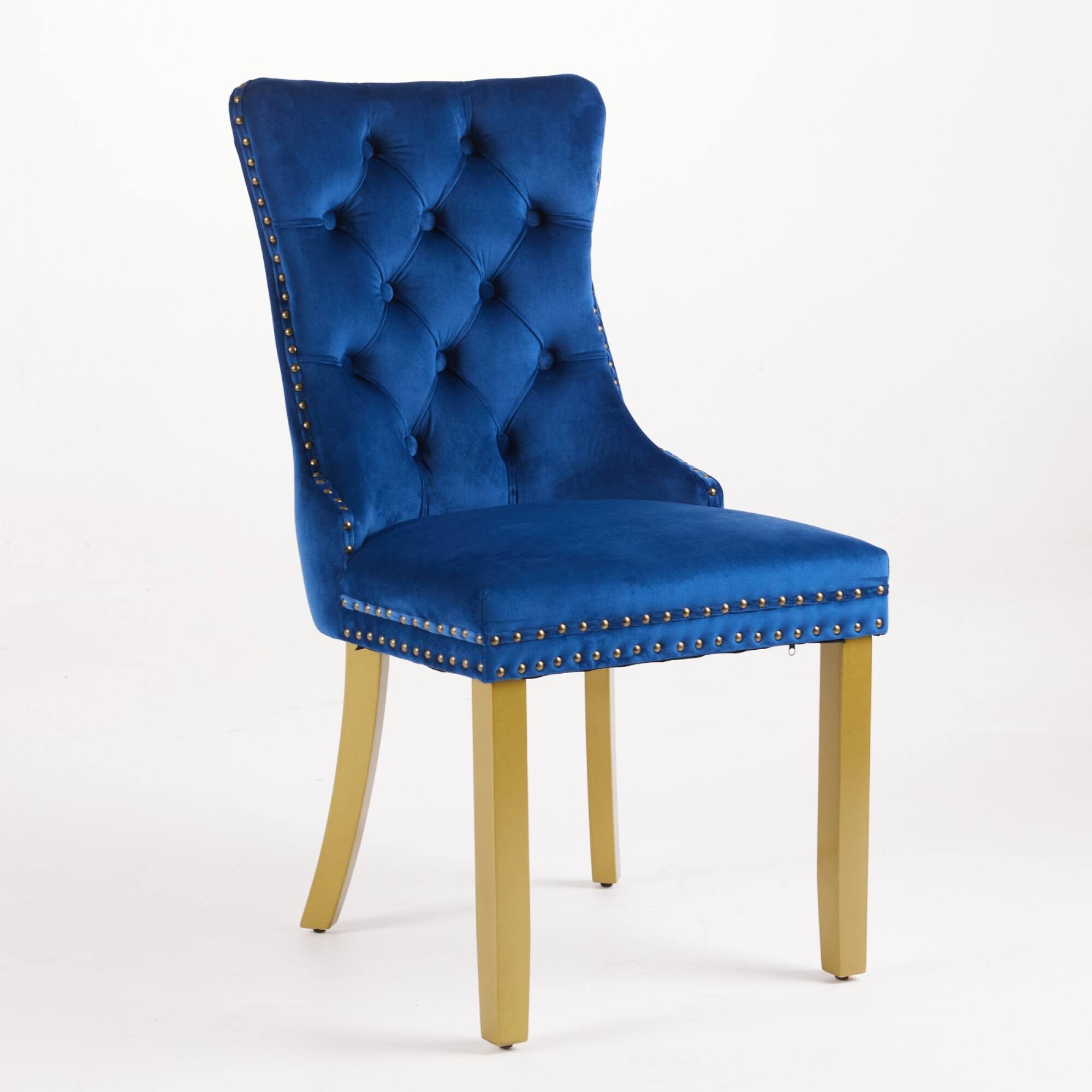 Left. GOODSILO - Modern Tufted Velvet Dining Chairs with Lion Head Pull Rings and Golden Wooden Legs, Set of 2 - Blue.