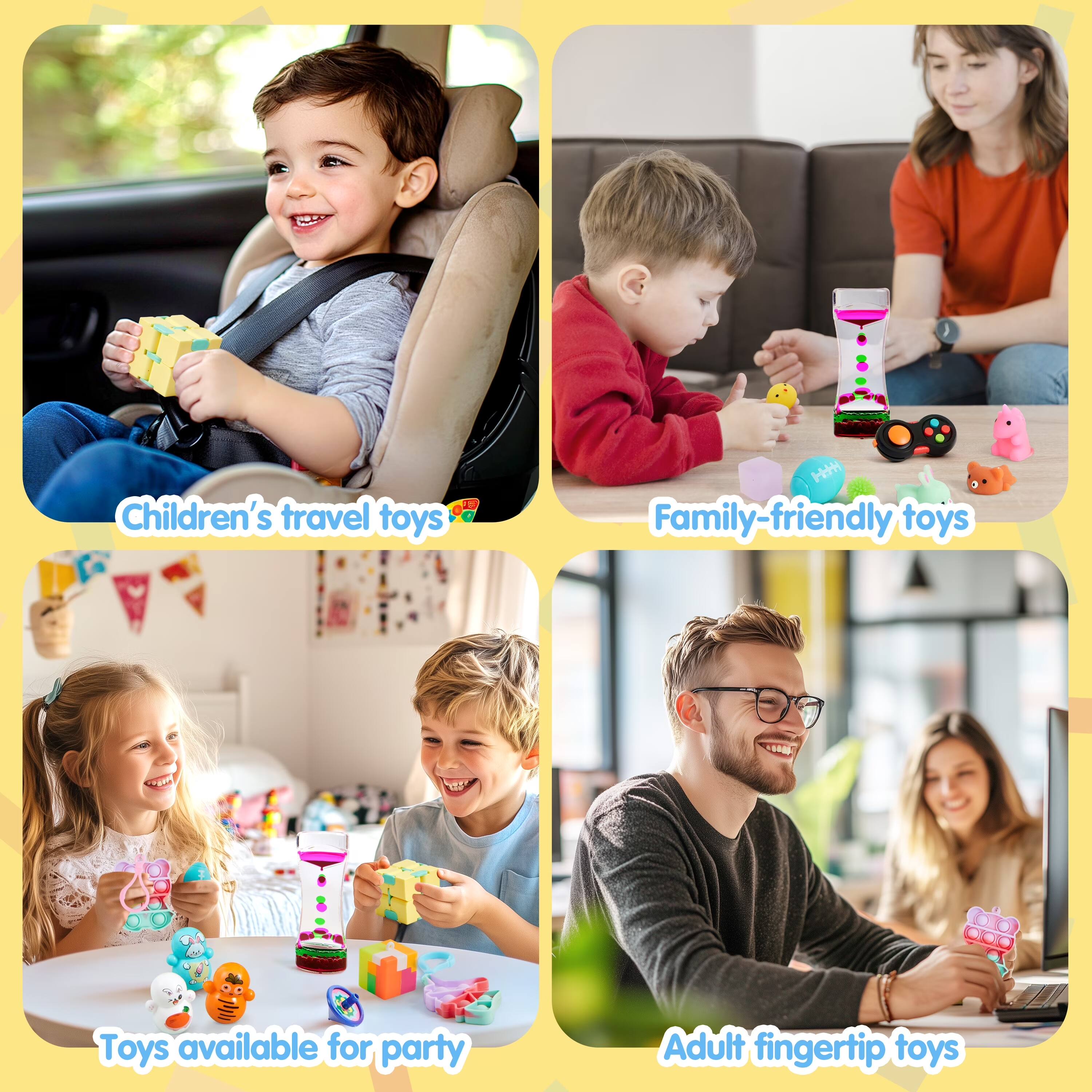 Children's travel toys  
Family-friendly toys  
Toys available for party  
Adult fingertip toys