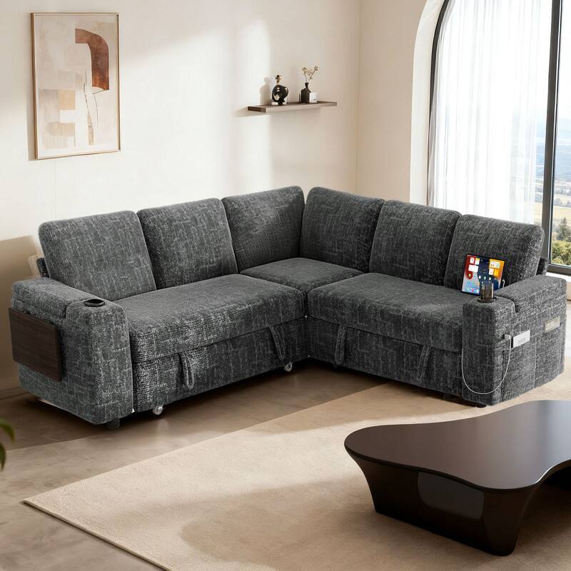 Angle. Dyonery - 85" Modular Sectional Sofa, L Shaped 5-Seater Sleeper Sofa with Pull Out Bed &Hidden Storage, Cup Holders & USB. - Grey.