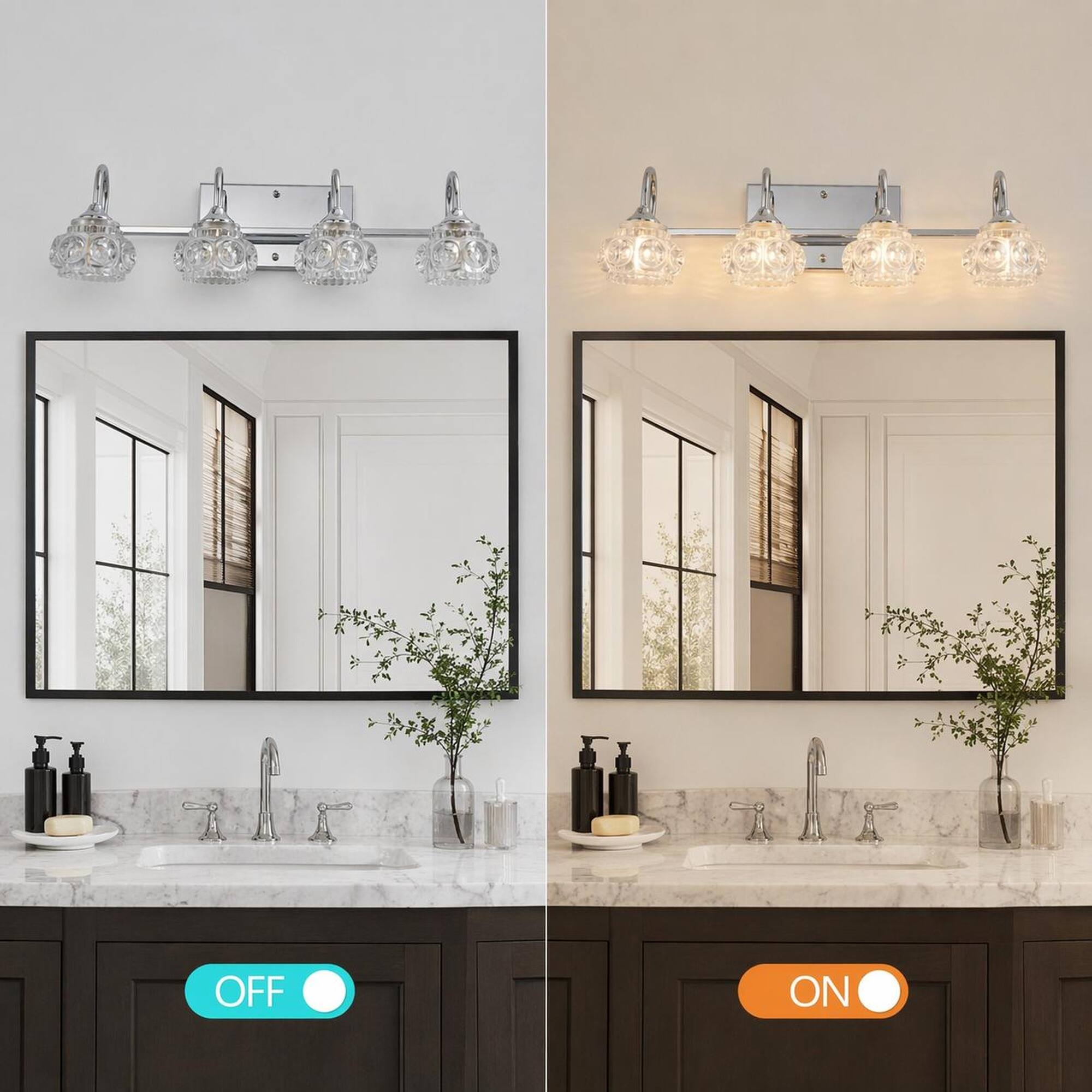 Alt View 2. RYHNUYNE - 23-Inch Nickel Vanity Light with Crystal Accents – 4-Light Wall-Mounted Bathroom Fixture with Clear Glass Shades.