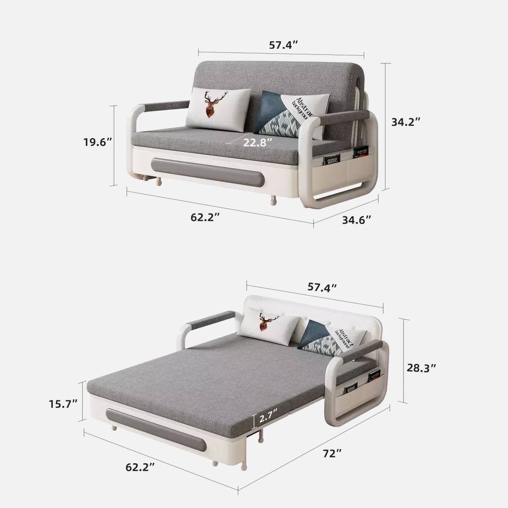 The text can be grouped as follows:

- Sofa dimensions:
  - Height: 57.4"
  - Depth: 34.2"
  - Width: 22.8"
  - Depth of seat: 62.2"
  - Height of armrest: 34.6"
  - Height of backrest: 19.6"

- Converted bed dimensions:
  - Height: 57.4"
  - Width: 28.3"
  - Length: 15.7"
  - Depth: 62.2"
  - Height of armrest: 2.7"
  - Length of bed: 72"