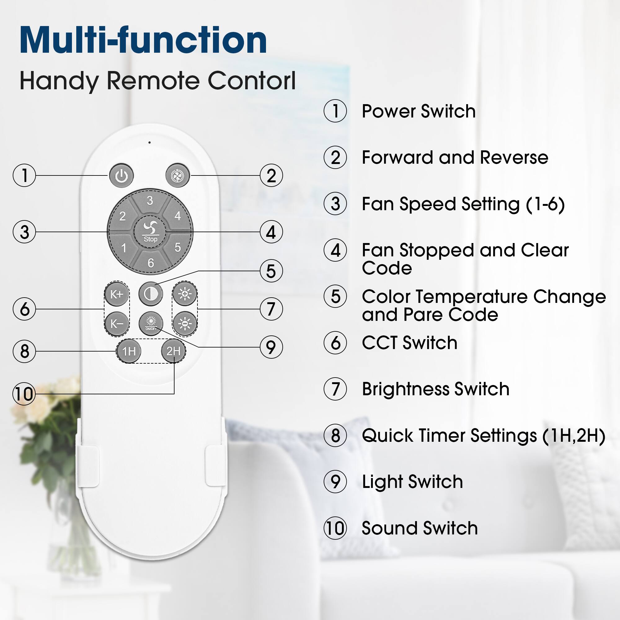 Multi-function Handy Remote Control

1. Power Switch
2. Forward and Reverse
3. Fan Speed Setting (1-6)
4. Fan Stopped and Clear Code
5. Color Temperature Change and Pare Code
6. CCT Switch
7. Brightness Switch
8. Quick Timer Settings (1H, 2H)
9. Light Switch
10. Sound Switch