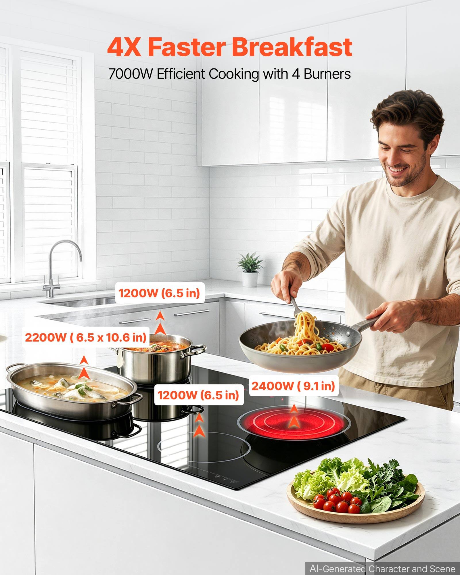 4X Faster Breakfast  
7000W Efficient Cooking with 4 Burners

1200W (6.5 in)  
2200W (6.5 x 10.6 in)  
1200W (6.5 in)  
2400W (9.1 in)  

AI-Generated Character and Scene