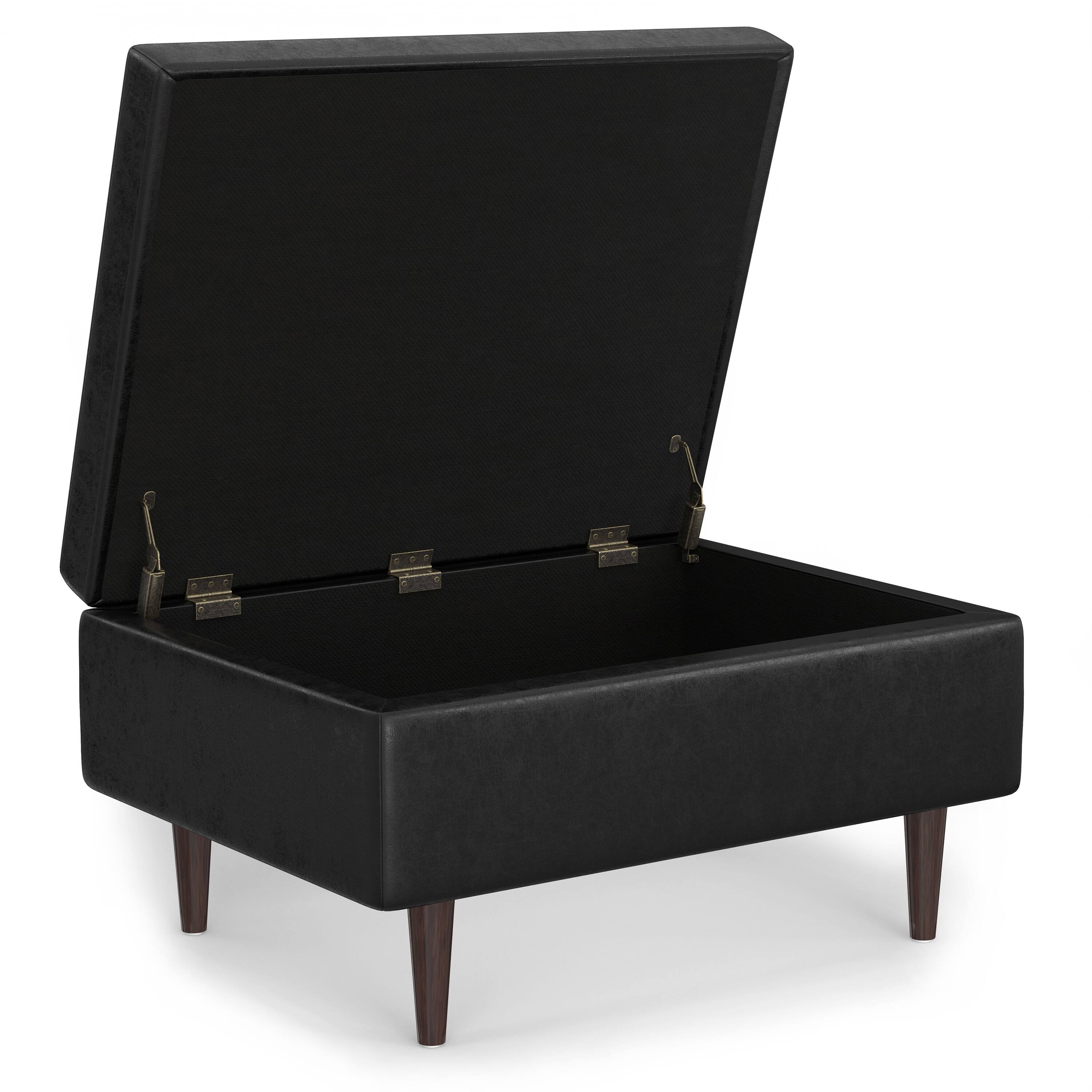 Back. Simpli Home - Shay 34 inch Wide Mid Century Modern Rectangle Coffee Table Storage Ottoman in Distressed Black Faux Leather, Assembled - Distressed Black.