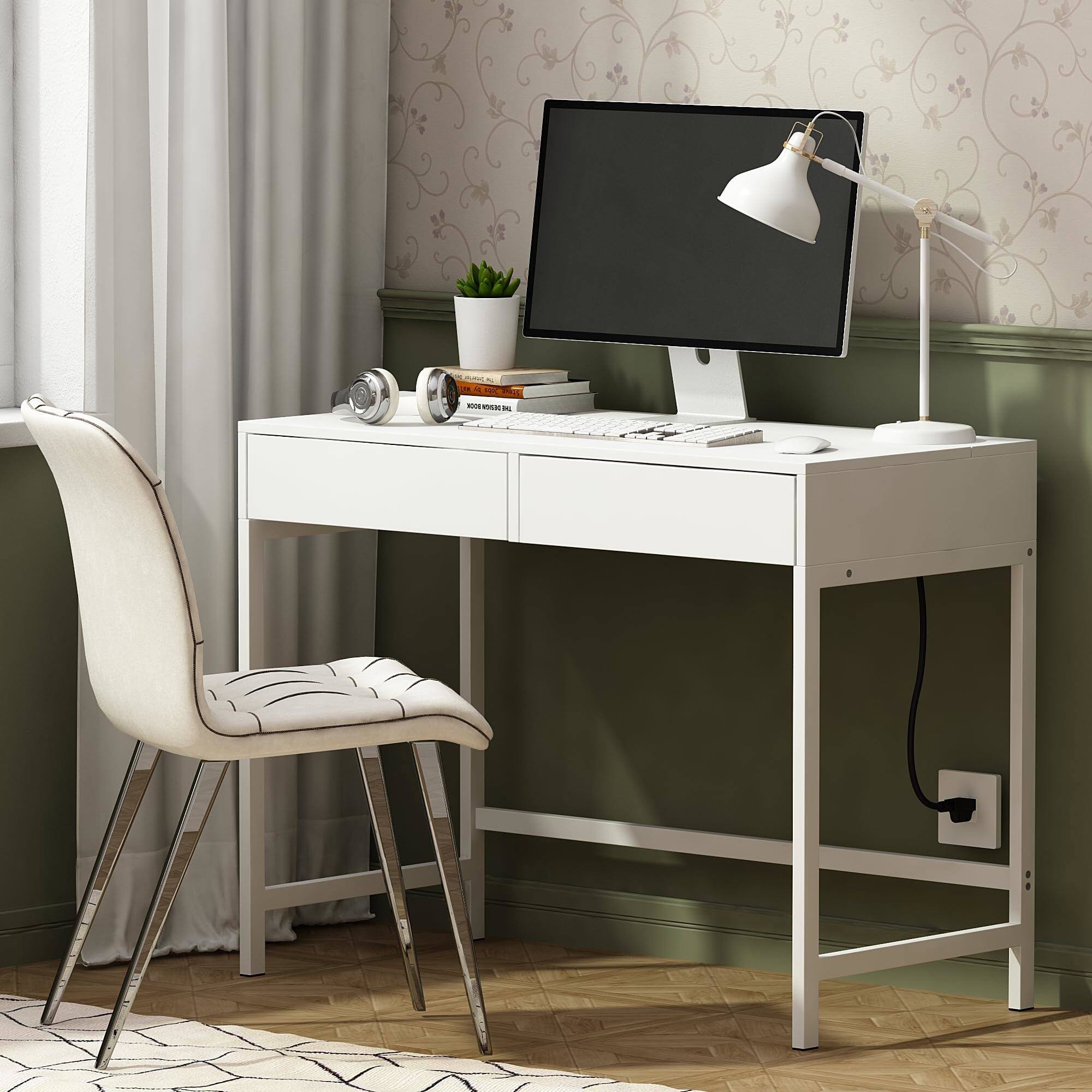Angle. Spaco - 40" Charging Station Desk, 2 Outlets 2 USB, 2-Drawer Computer Vanity Desk - White.