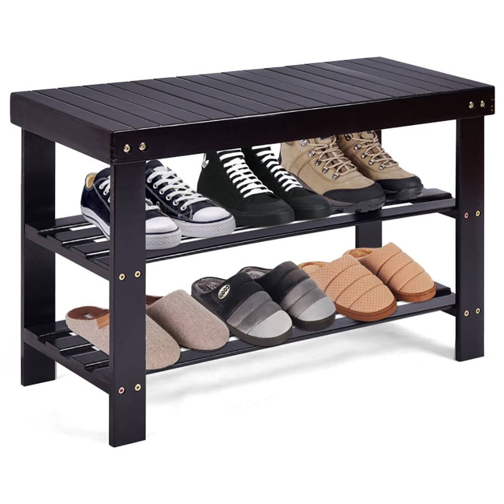 Alt View 2. Kadyn - 3 Tier Bamboo Bench Storage Shoe Shelf-Black, Space-Saving Shoe Rack Organizer for Closet Entryway - Black.