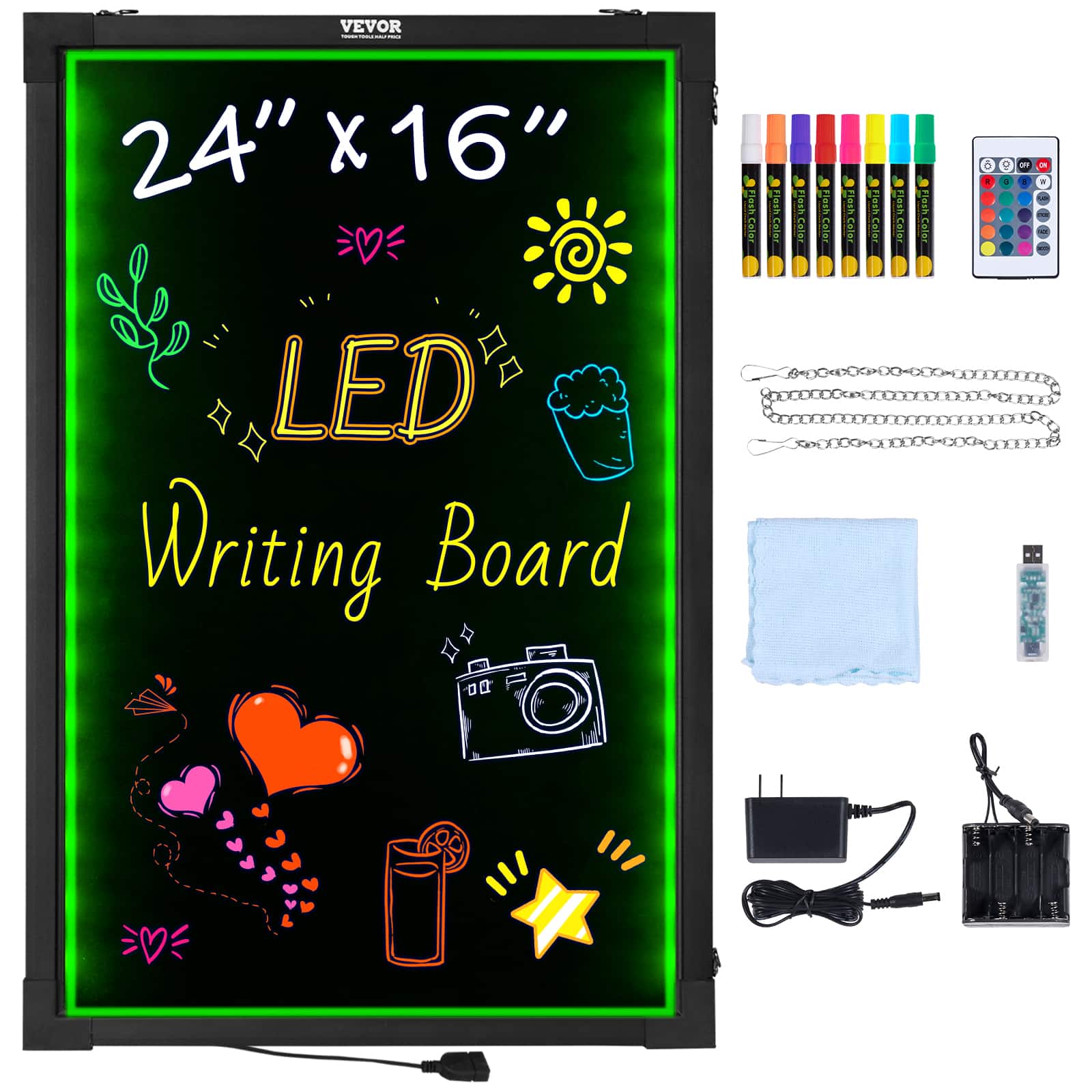 "VEVOR - LED Message Writing Board, 24""x16"" Illuminated Erasable Lighted Chalkboard, Neon Effect Menu Sign Board, Drawing Board - Black" price history on PriceWatchPro