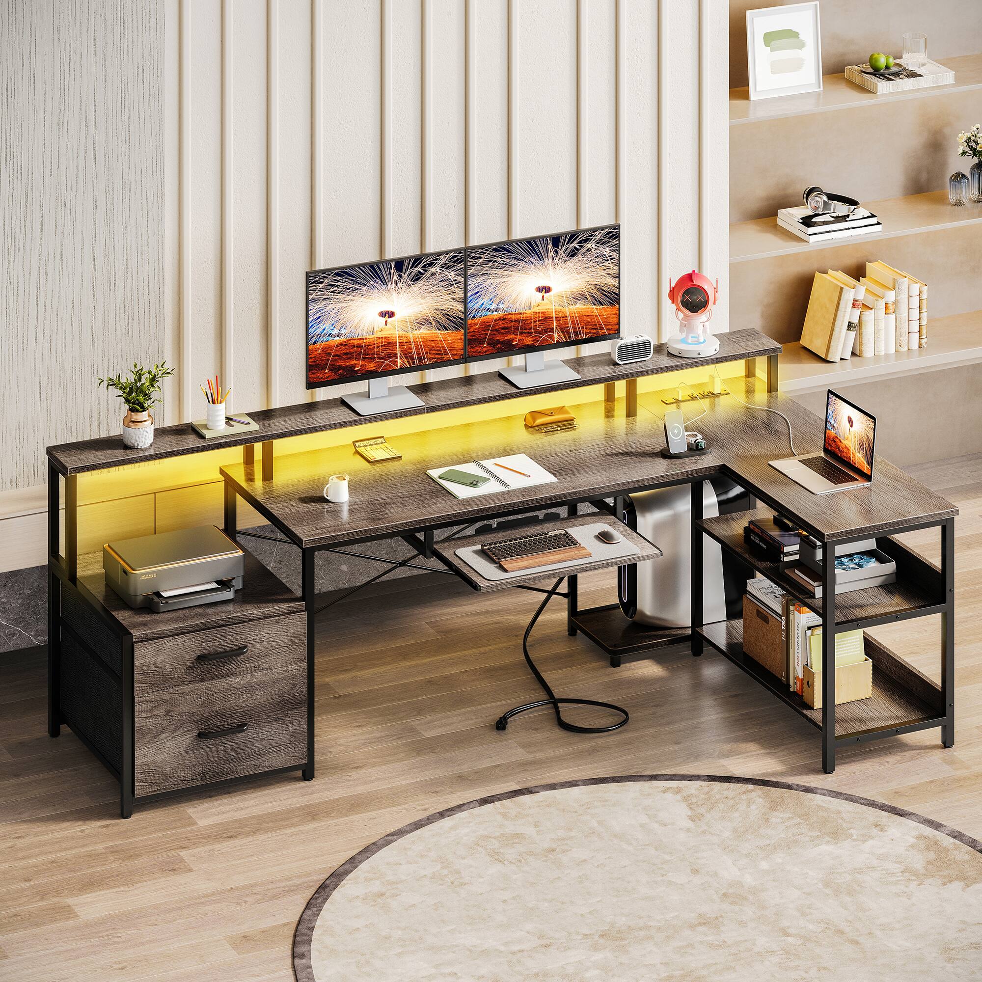 Alt View 2. AODK - L-Shaped Reversible Computer Desk with LED Lights, File Drawer, Power Outlets, Storage Shelves & Keyboard Tray - Gray.