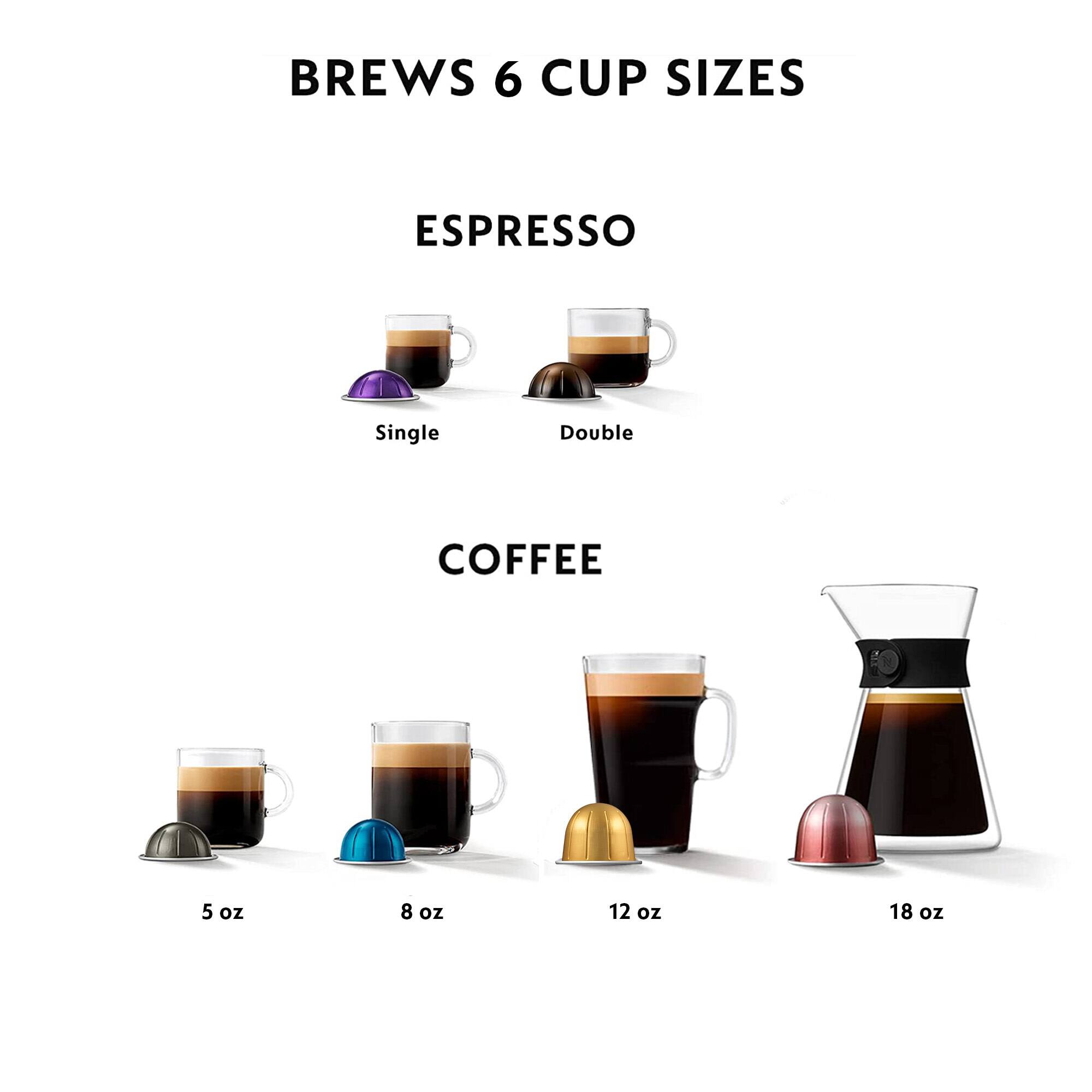 BREWS 6 CUP SIZES:
ESPRESSO:
- Single: 5 oz
- Double: 8 oz
COFFEE:
- 5 oz
- 8 oz
- 12 oz
- 18 oz