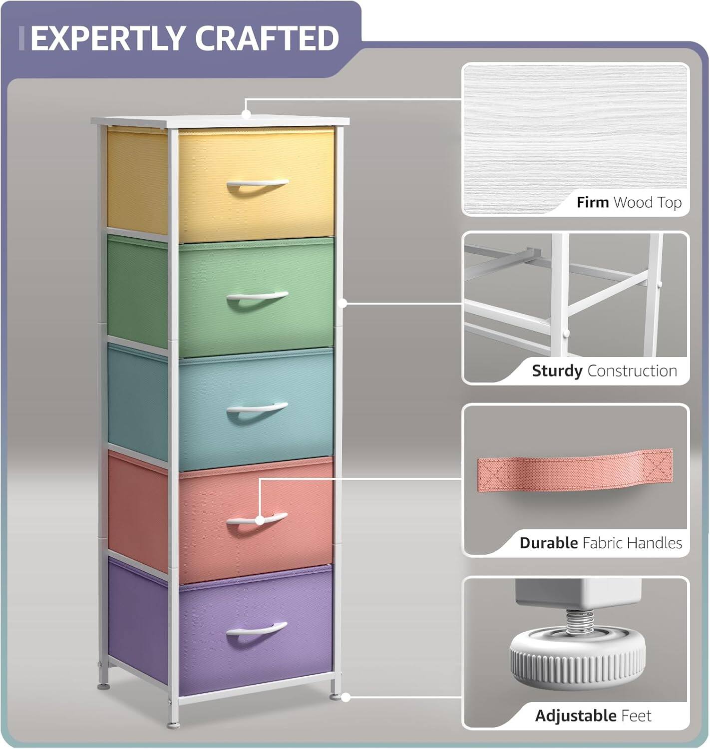 EXPERTLY CRAFTED

- Firm Wood Top
- Sturdy Construction
- Durable Fabric Handles
- Adjustable Feet