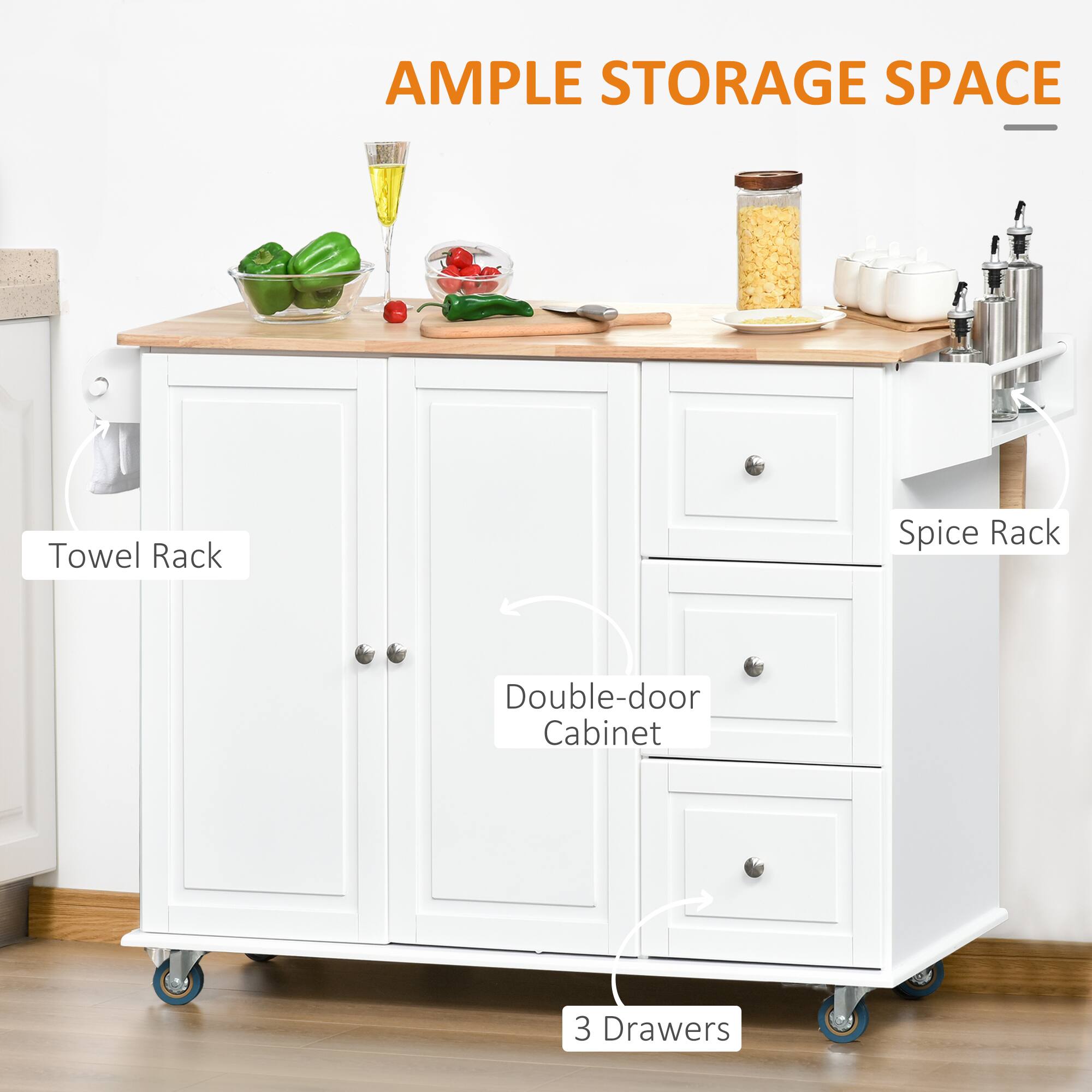 AMPLE STORAGE SPACE

- Towel Rack
- Double-door Cabinet
- 3 Drawers
- Spice Rack