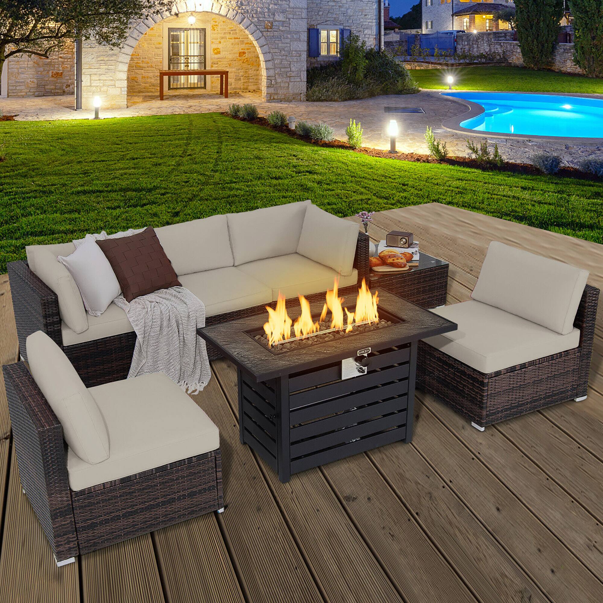 Alt View 3. Gymax - Gymax 7PCS Patio Rattan Furniture Set 42'' Fire Pit Table w/ Cover Cushioned Off White - Off White.