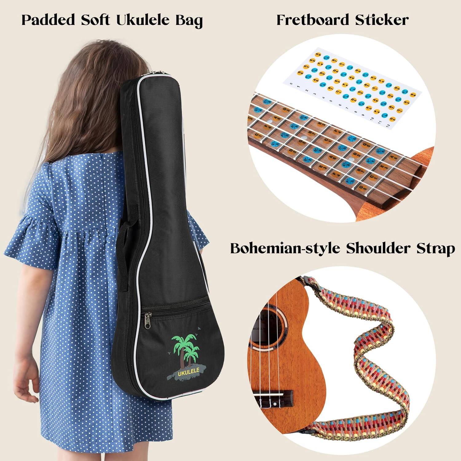 Padded Soft Ukulele Bag  
Fretboard Sticker  
Bohemian-style Shoulder Strap