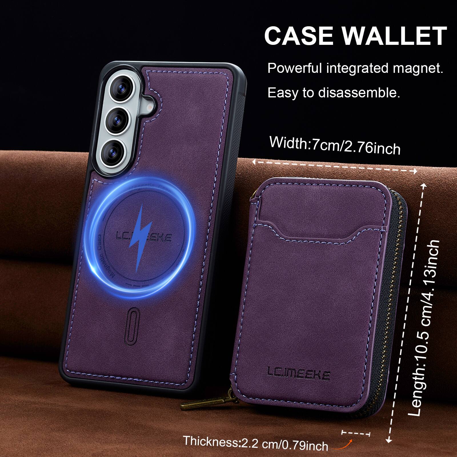 CASE WALLET  
Powerful integrated magnet.  
Easy to disassemble.  

Width: 7cm/2.76inch  
Thickness: 2.2 cm/0.79inch  
Length: 10.5 cm/4.13inch