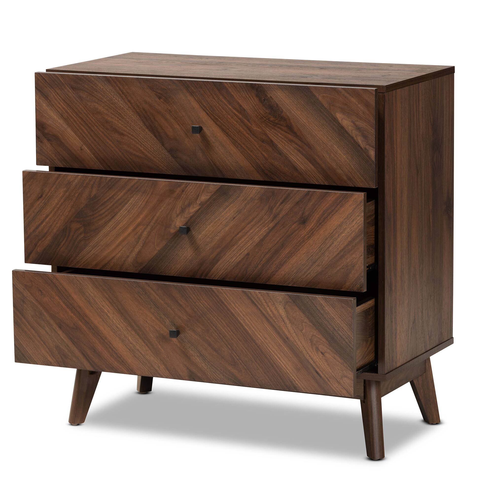 Angle. Baxton Studio - Hartman Mid-Century Modern Finished Wood 3-Drawer Storage Chest - Walnut Brown.