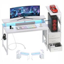 Anysun - 52-inch gaming table with drawers and 3 fabric drawers, equipped with USB ports and LED lights for the computer desk - White