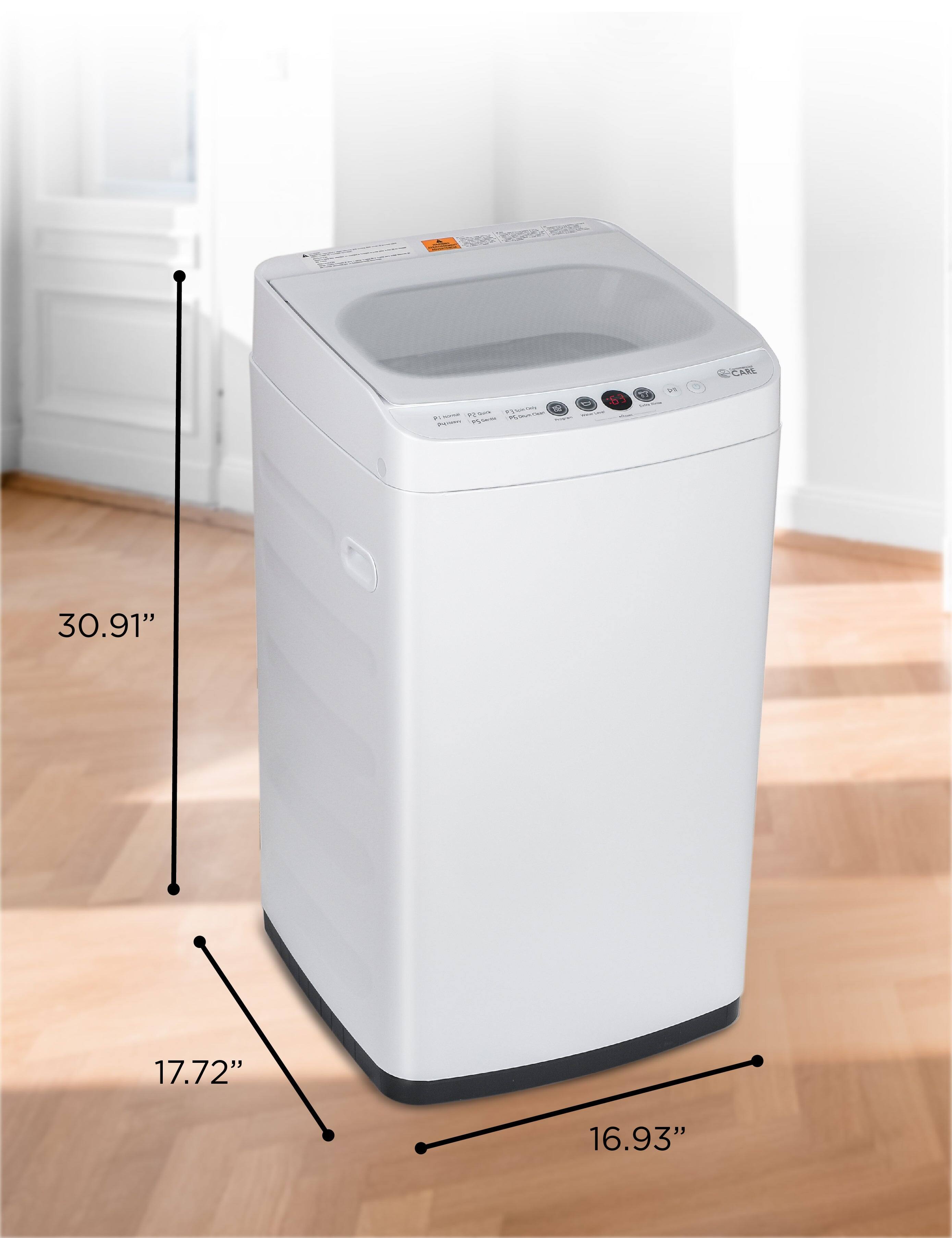 The dimensions of the washing machine are:

- Width: 17.72"
- Depth: 16.93"
- Height: 30.91"
