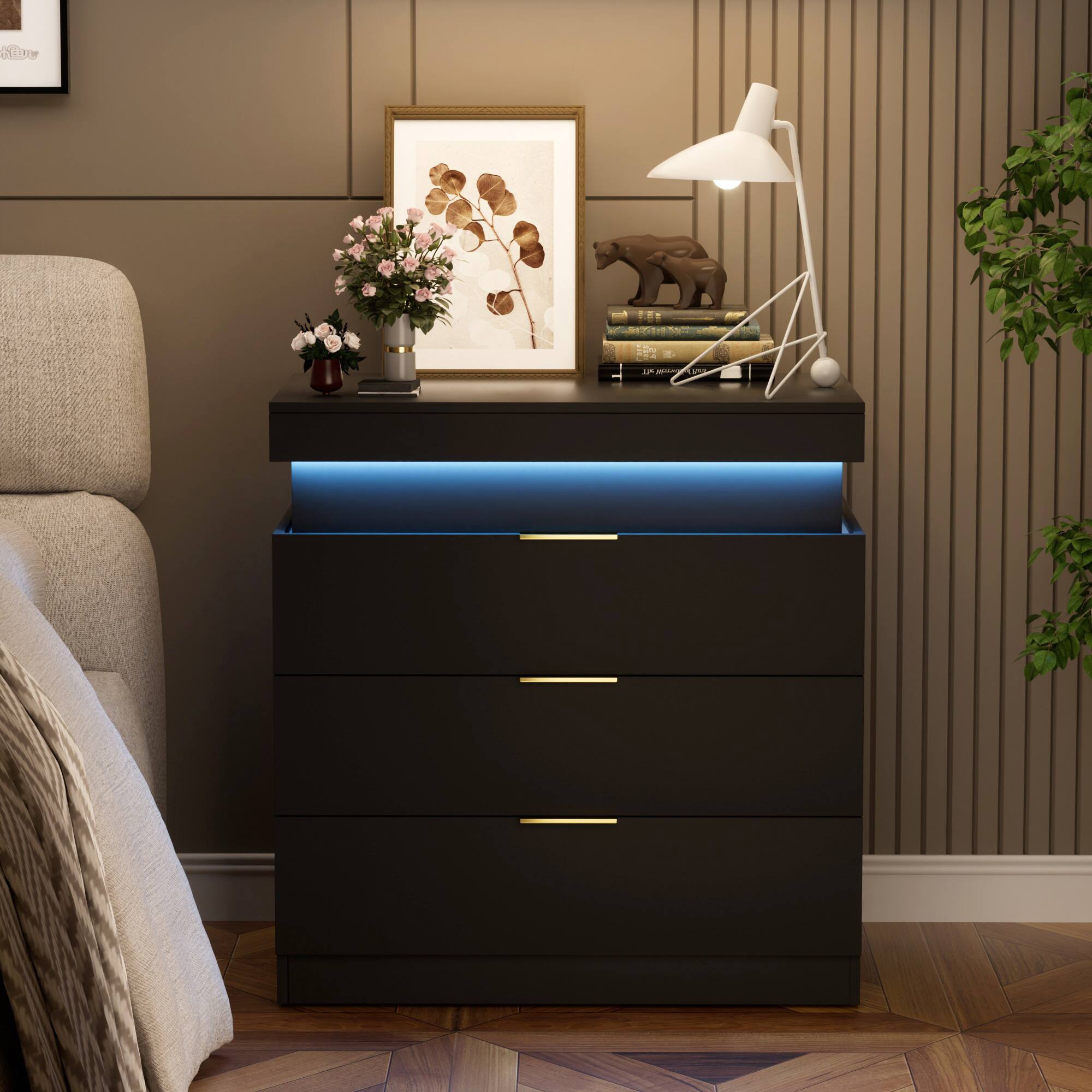 Back. Spaco - Spaco Modern 3 Drawers Nightstand with Charging Station, LED Nightstand with Charging Station, LED Lights for Bedroom - Black.