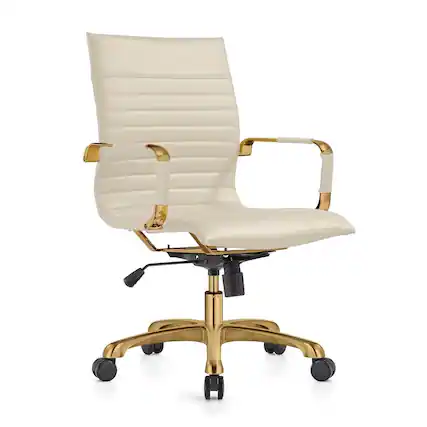 Front. LeisureMod - Harris Mid-Back Office Chair, Leather Upholstery with Gold Metal Frame Modern Armless Desk Chair for Conference Seating - Tan.