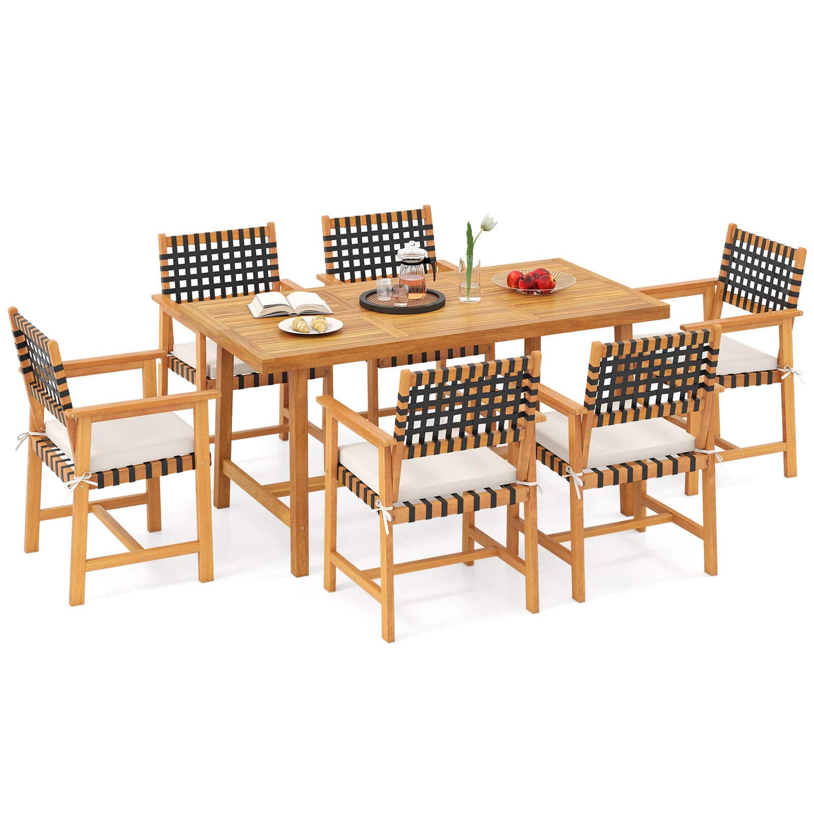 Costway - 7PCS Patio Dining Set, Acacia Wood Table & 6 Armchairs with Padded Seat Cushions - Natural,Off White