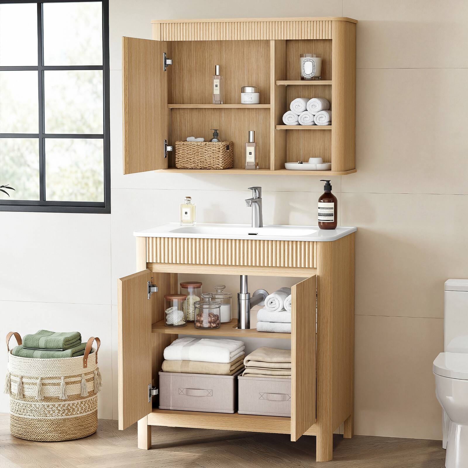 Angle. ModernMate - 30" Single Bathroom Vanity Set with Mirror Cabinet, Soft Close Drawers - Natural Oak.