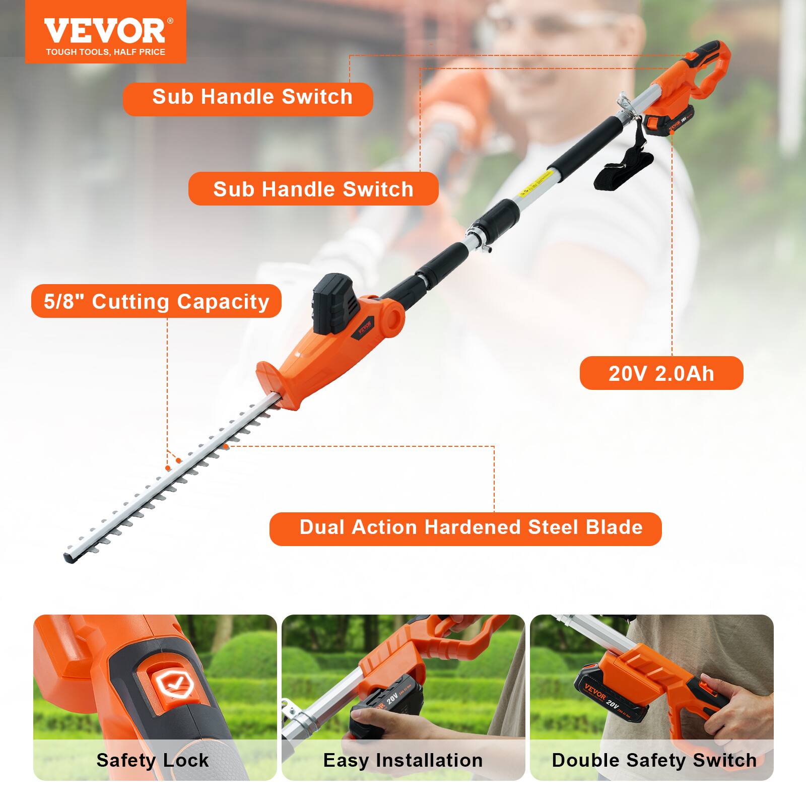 VEVOR  
TOUGH TOOLS, HALF PRICE  

- Sub Handle Switch  
- Sub Handle Switch  
- 5/8" Cutting Capacity  
- 20V 2.0Ah  
- Dual Action Hardened Steel Blade  
- Safety Lock  
- Easy Installation  
- Double Safety Switch