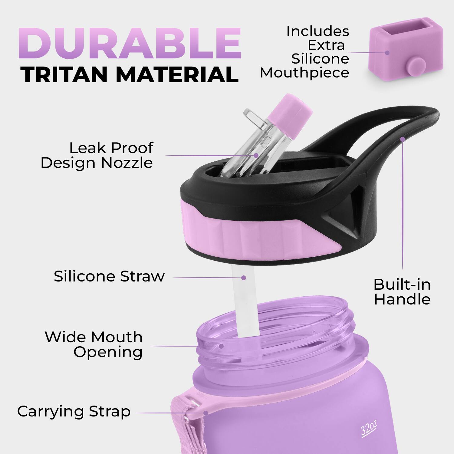 Includes DURABLE Silicone Extra TRITAN MATERIAL Mouthpiece Leak Proof Design Nozzle Silicone Straw Built-in Handle Wide Mouth Opening Carrying Strap 32oz