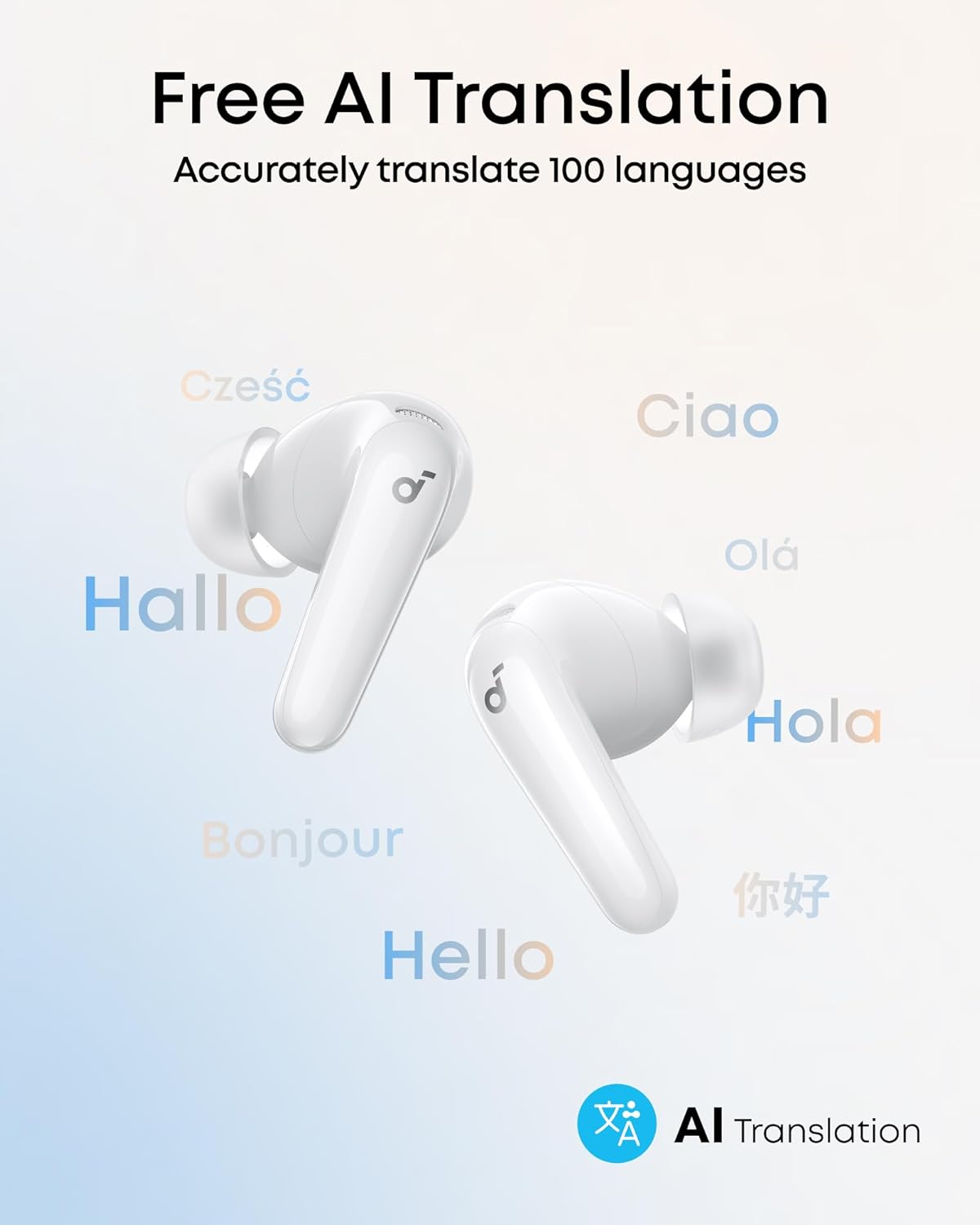 Free AI Translation  
Accurately translate 100 languages

Cześć  
Hallo  
Bonjour  
Hello  

Ciao  
Olá  
Hola  

AI Translation