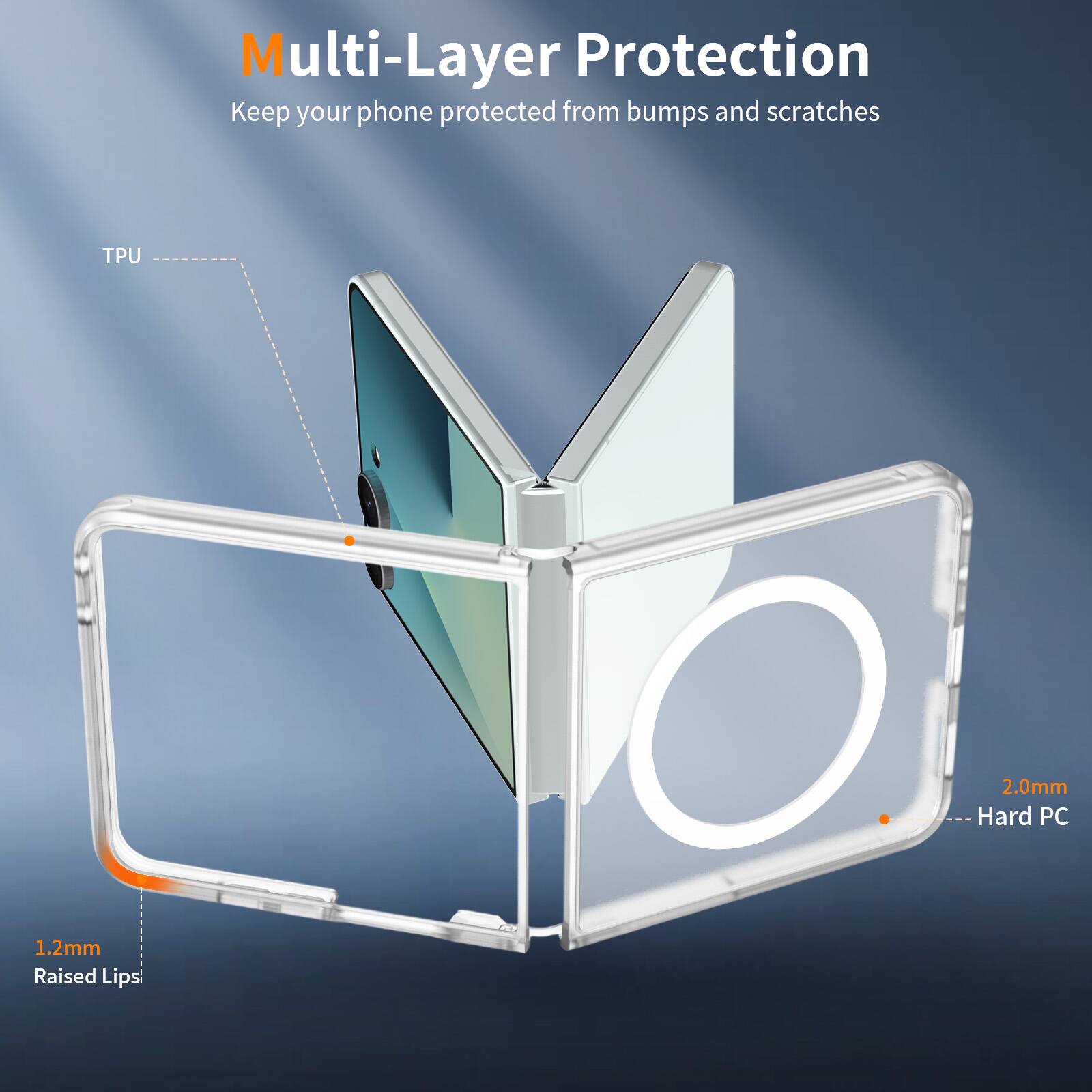 Multi-Layer Protection  
Keep your phone protected from bumps and scratches  
TPU 2.0mm  
Hard PC 1.2mm  
Raised Lips