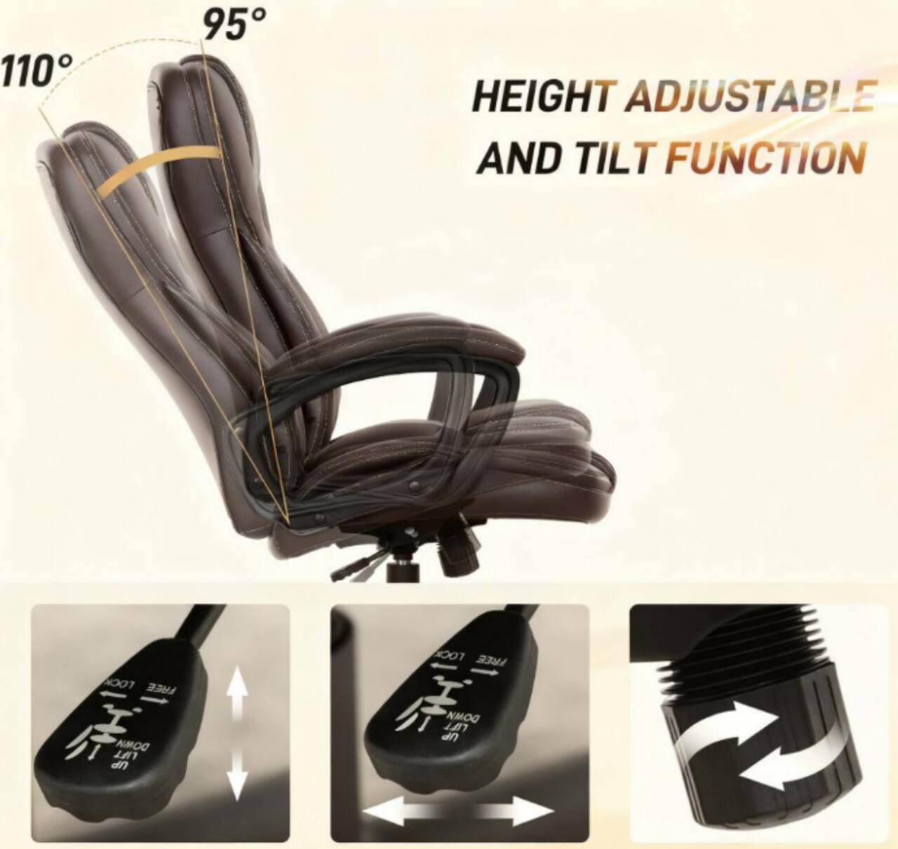 110° 95° HEIGHT ADJUSTABLE AND TILT FUNCTION  
FREE DOMMA LIFT UP  
FREE NMOO LFT UP