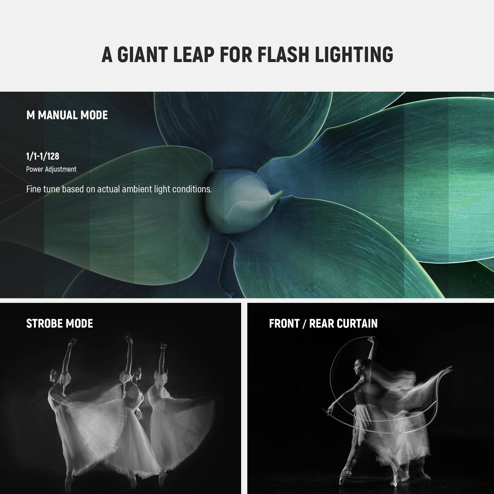 A GIANT LEAP FOR FLASH LIGHTING

M MANUAL MODE  
1/1-1/128  
Power Adjustment  
Fine tune based on actual ambient light conditions.

STROBE MODE

FRONT / REAR CURTAIN