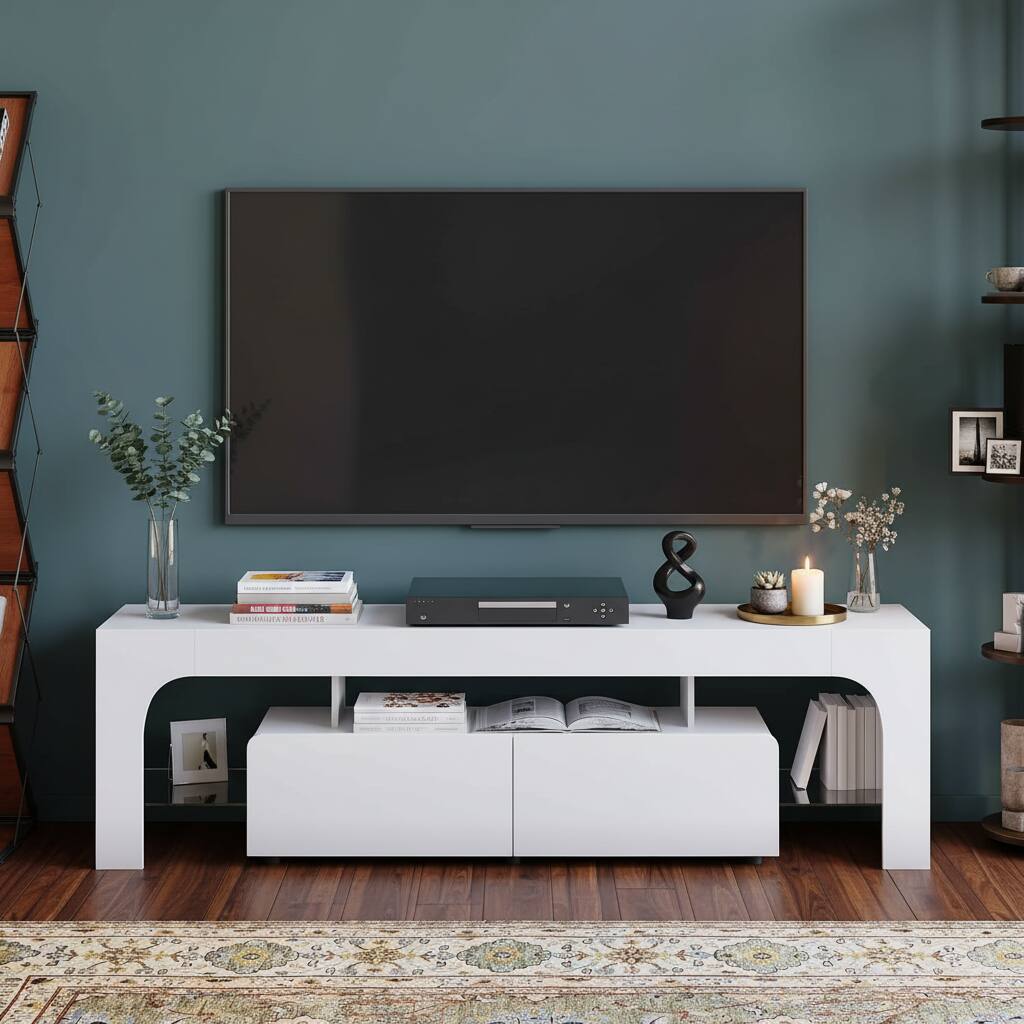 GARVEE - TV Stand with LED Lights, with 2 Drawer & Open Shelf - White