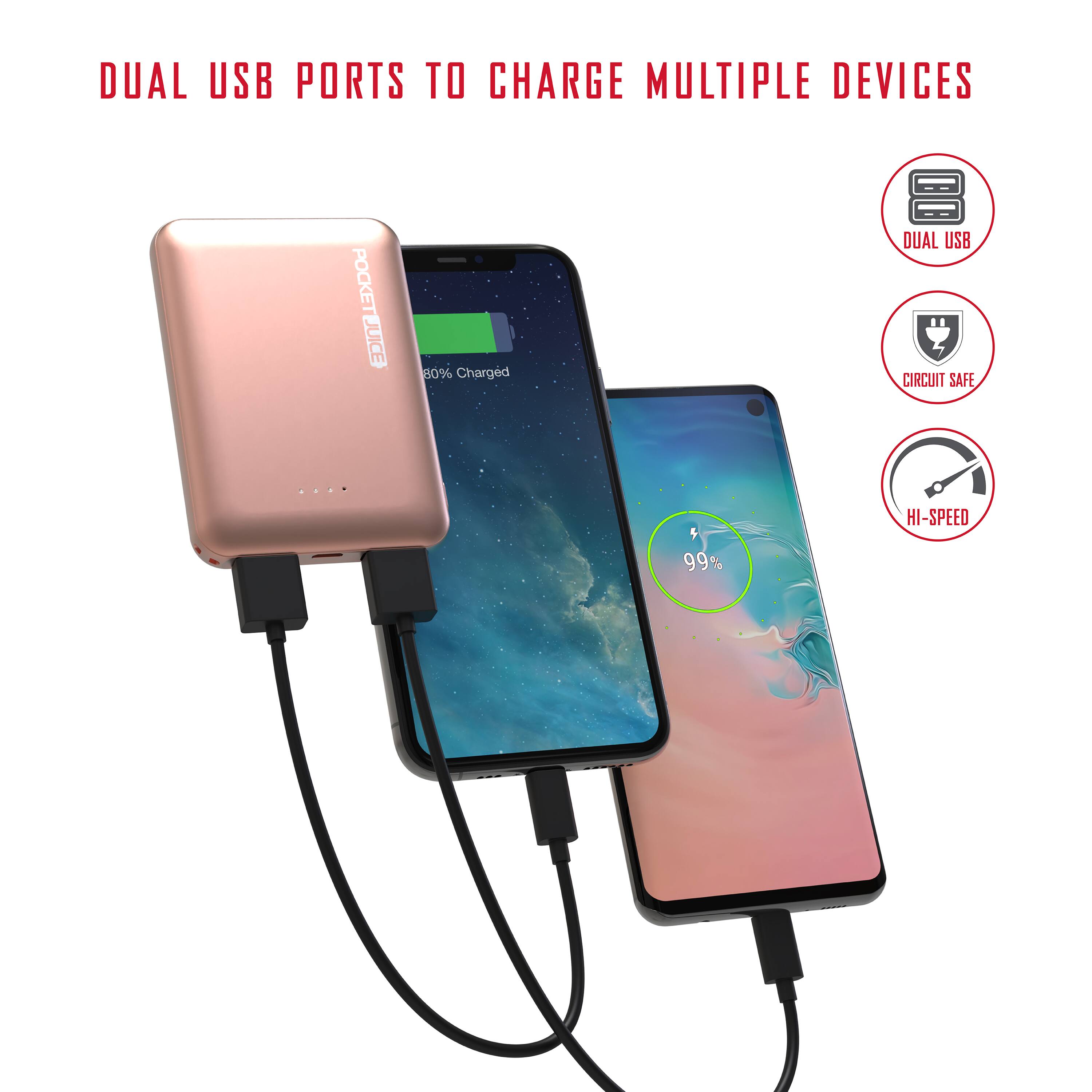 DUAL USB PORTS TO CHARGE MULTIPLE DEVICES

POCKET JUICE

80% Charged

99%

DUAL USB
CIRCUIT SAFE
HI-SPEED