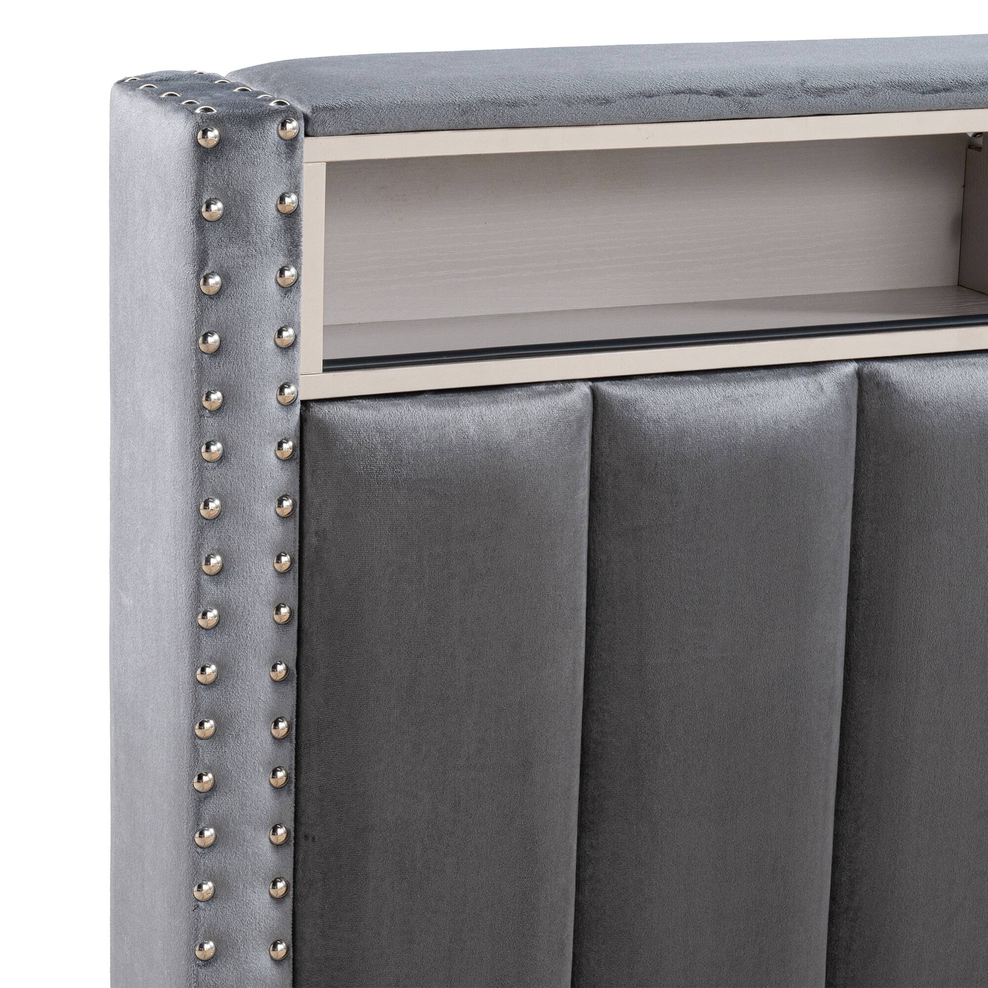 Alt View 4. Vaczon - Full Platform Bed with USB & Power Outlets, Fabric Headboard Solid Wood Frame, Modern Bedroom Furniture - Dark Gray.