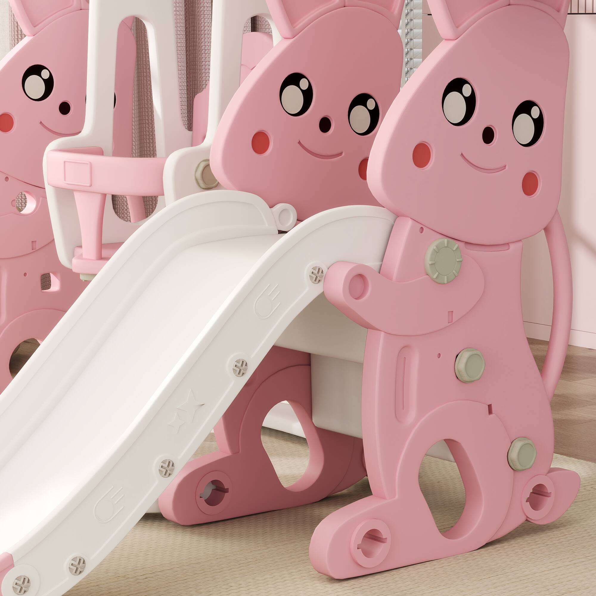 Alt View 5. Qaba - 4 in 1 Toddler Slide and Swing Set, Kids Playset, Ages 1.5-4, Rabbit Themed, Climber, Basket Hoop, Indoor Outdoor.