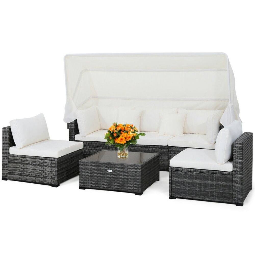 Back. Pefilos - 6 Pieces Patio Rattan Furniture Set with Retractable Canopy, Outdoor Patio Furniture Set with Heavy Duty Steel Frame - White.