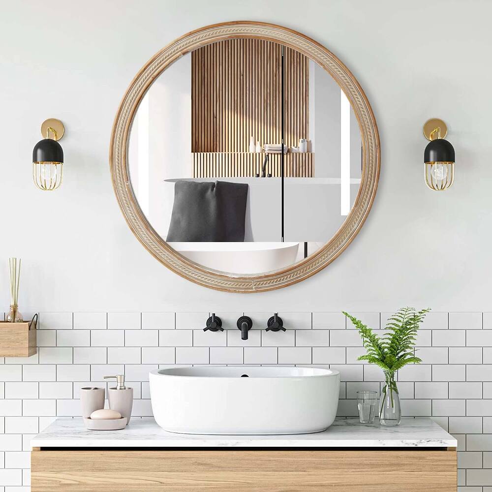 Front. Ropilly - Ropilly Round Decorative Wall Mirror with Rattan Style Frame, 23.62 Inch Round Mirror, Easy Wall Mount Mirror.