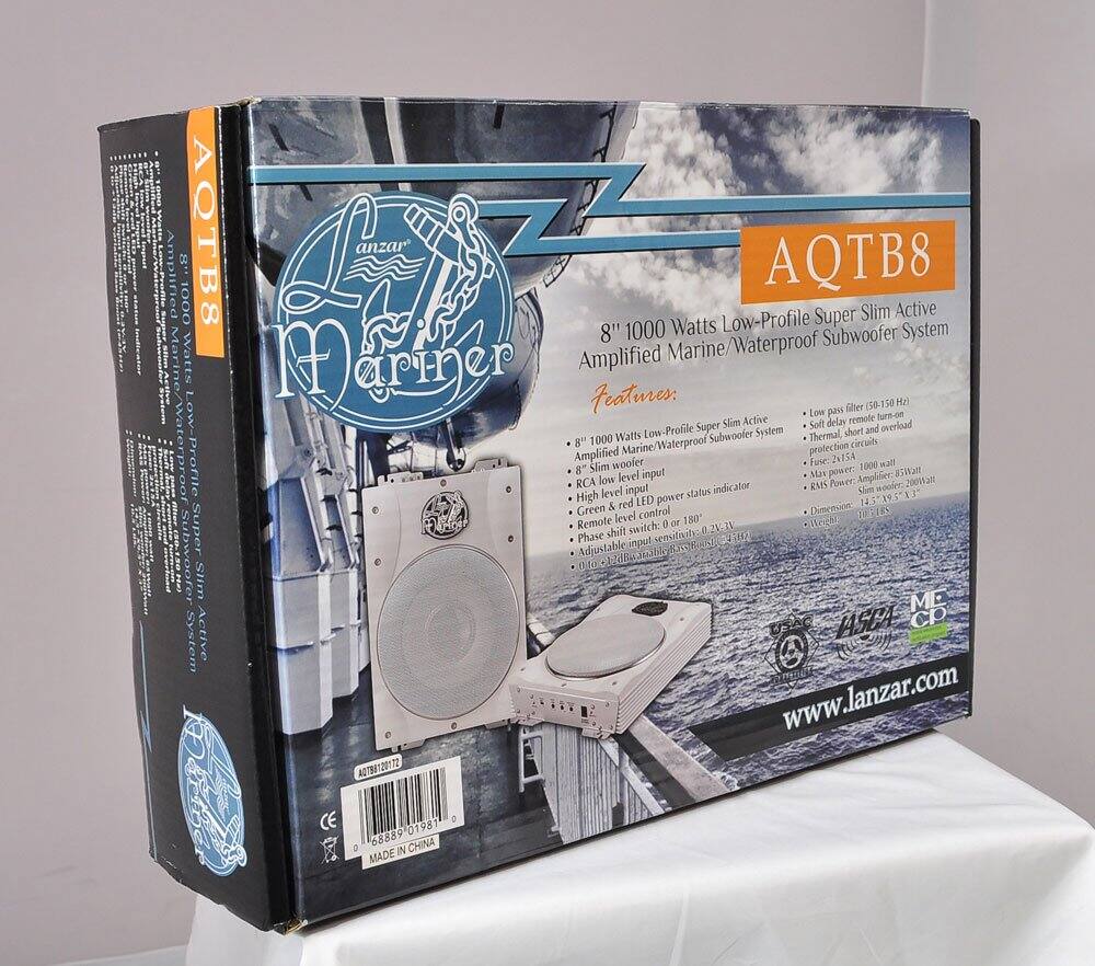 Amplified Marine/Waterproof Subwoofer System  
8" 1000 Watts Low-Profile Super Slim Active  
Features:  
- Low pass filter 40-150 Hz  
- Remote turn-on  
- Soft delay  
- Low-Profile Super Slim Active Subwoofer System  
- Thermal, short and overload protection  
- Waterproof  
- High level input  
- Low level input  
- Green & red LED power status indicator  
- Remote level control 0-180 Wrms  
- Phase shift switch: 0-180°  
- Adjustable sensitivity: 0-24dB  
- Fuse: 2N75A  
- Power: Amplifier 1000 Watts  
- Subwoofer: 8"  
- Dimensions: 14.5" x 15.5" x 1"  
- Weight: 14.5 lbs  
- Input: RCA  
- Input: High level  
- Input: Low level  
- Remote level control: 0-180 Wrms  
- Phase shift switch: 0-180°  
- Adjustable sensitivity: 0-24dB  
- Fuse: 2N75