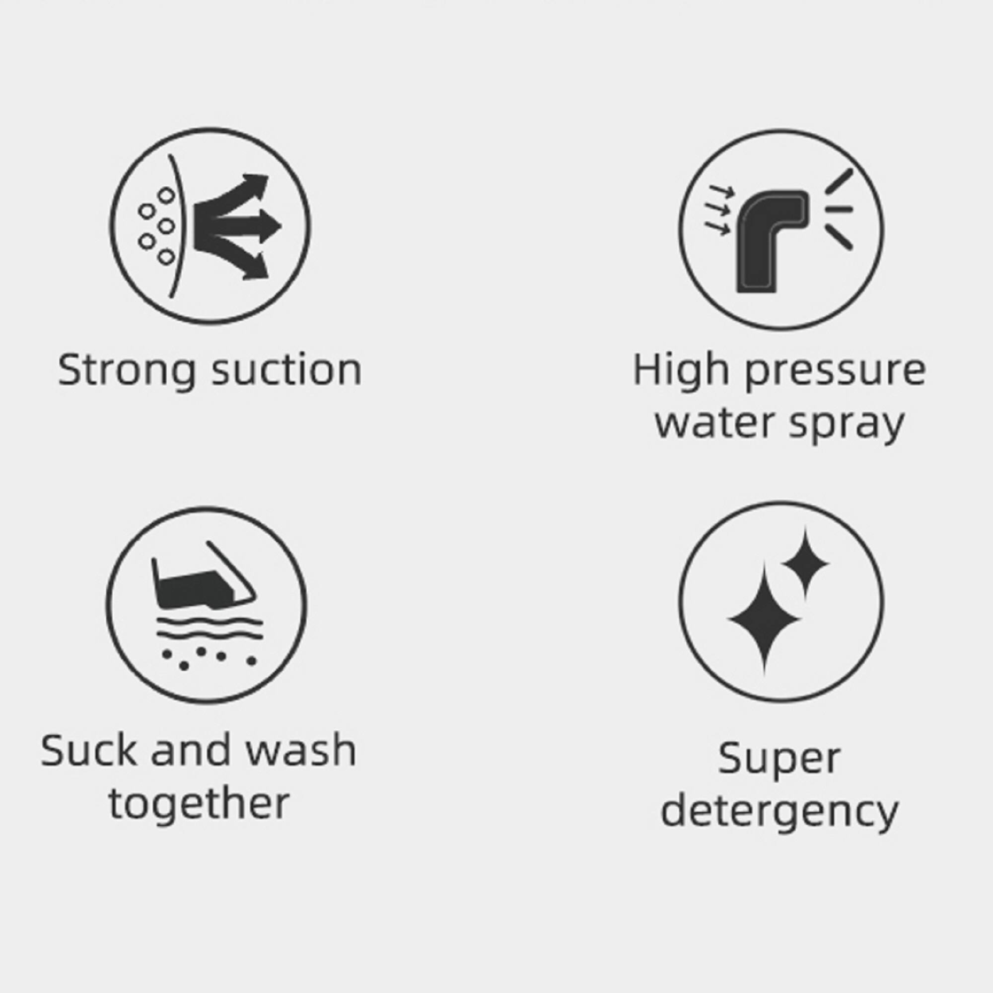 Strong suction, High pressure water spray, Suck and wash together, Super detergency