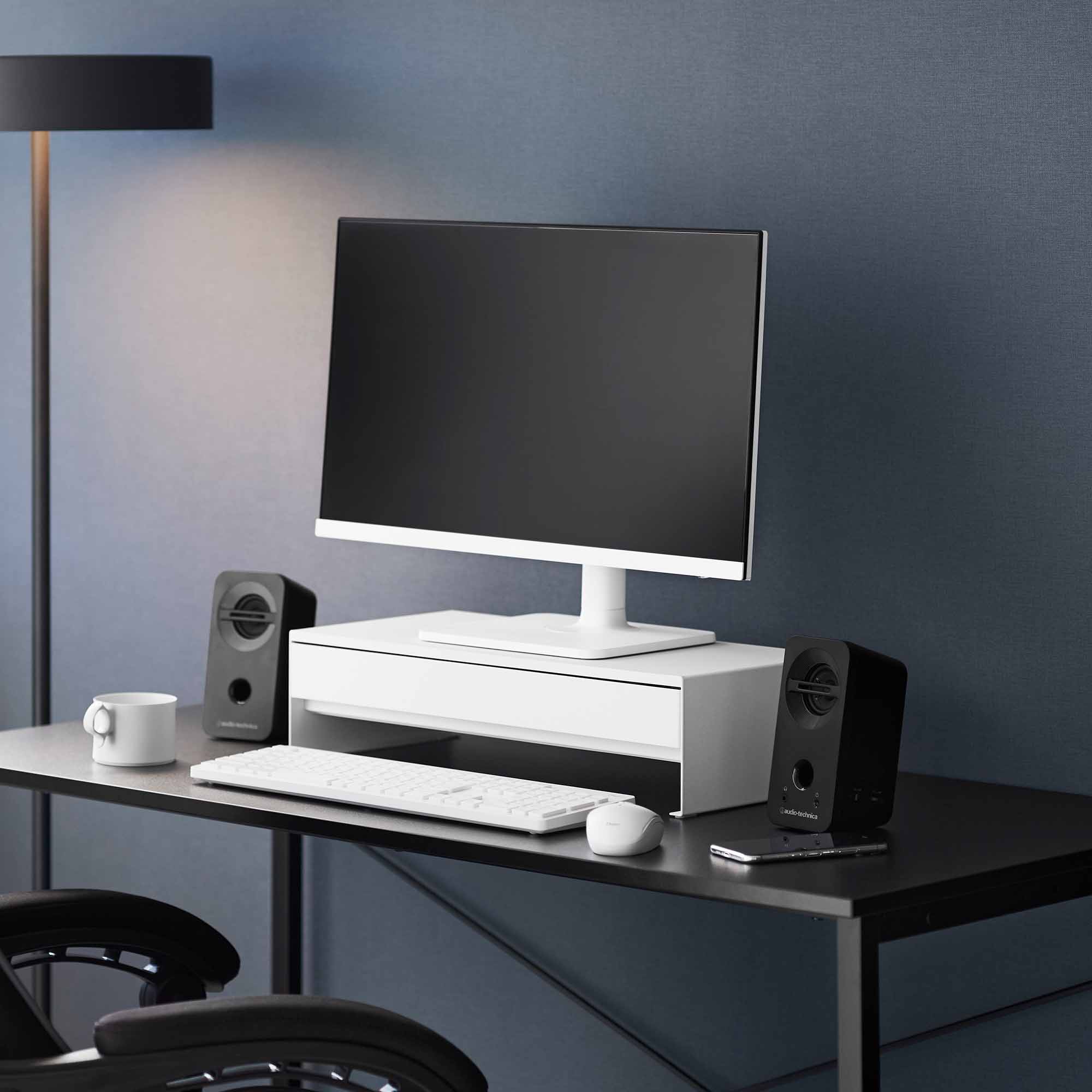 Alt View 6. Yamazaki Home - Monitor Stand With Drawer - Steel - White.