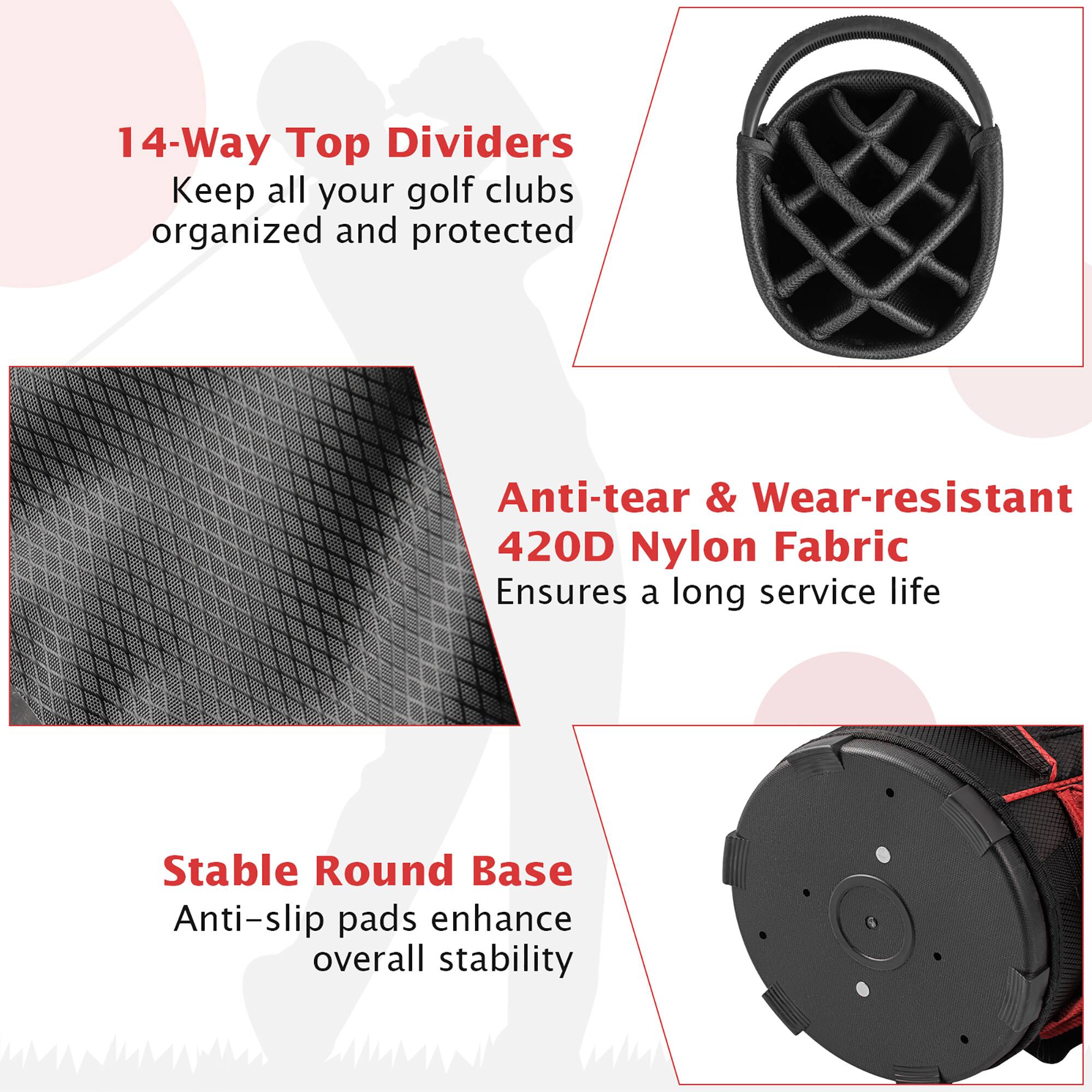 14-Way Top Dividers  
Keep all your golf clubs organized and protected  

Anti-tear & Wear-resistant 420D Nylon Fabric  
Ensures a long service life  

Stable Round Base  
Anti-slip pads enhance overall stability