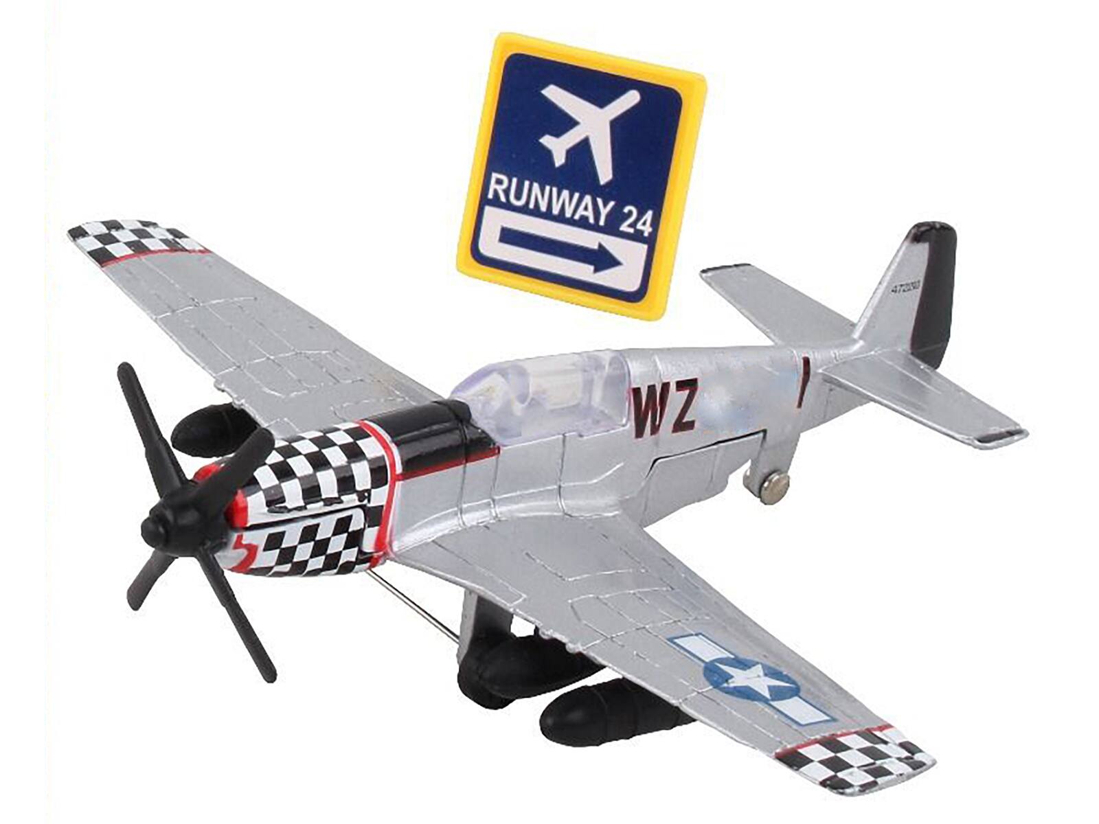 Left. Runway24 - North American P-51 Mustang Silver US Army Air Force with Runway 24 Sign Airplane - Silver Metallic.