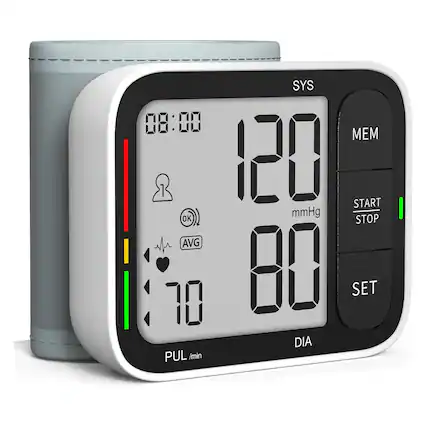 SYS 08:00 MEM 1 120 START OK mmHg STOP AVG 10 0 SET DIA PUL /min