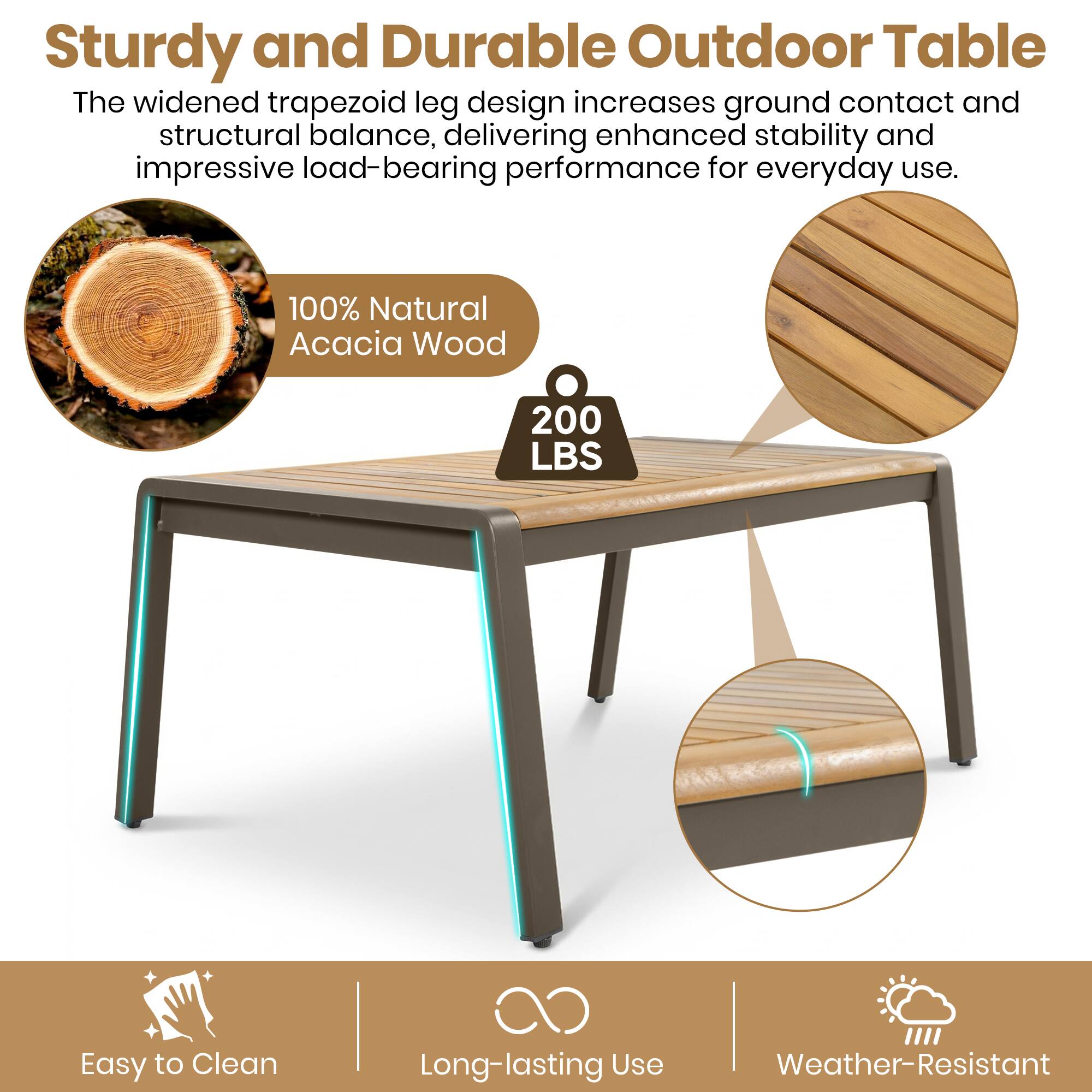Sturdy and Durable Outdoor Table

The widened trapezoid leg design increases ground contact and structural balance, delivering enhanced stability and impressive load-bearing performance for everyday use.

100% Natural Acacia Wood

200 LBS

Easy to Clean

Long-lasting Use

Weather-Resistant